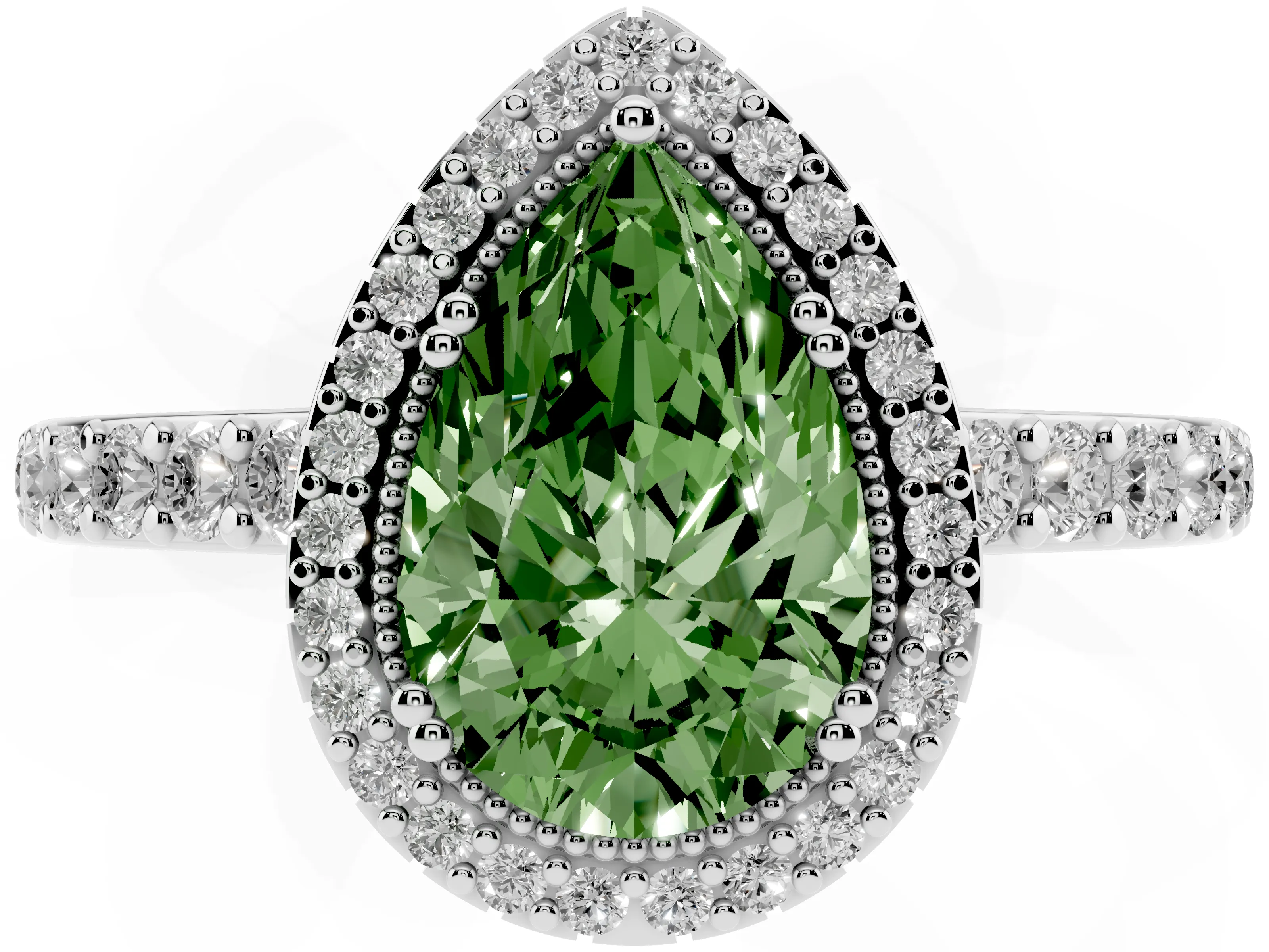 Fancy Green Pear Cut Diamond Halo Engagement Ring Set in Platinum with Milgrain Detail and Pavé Band