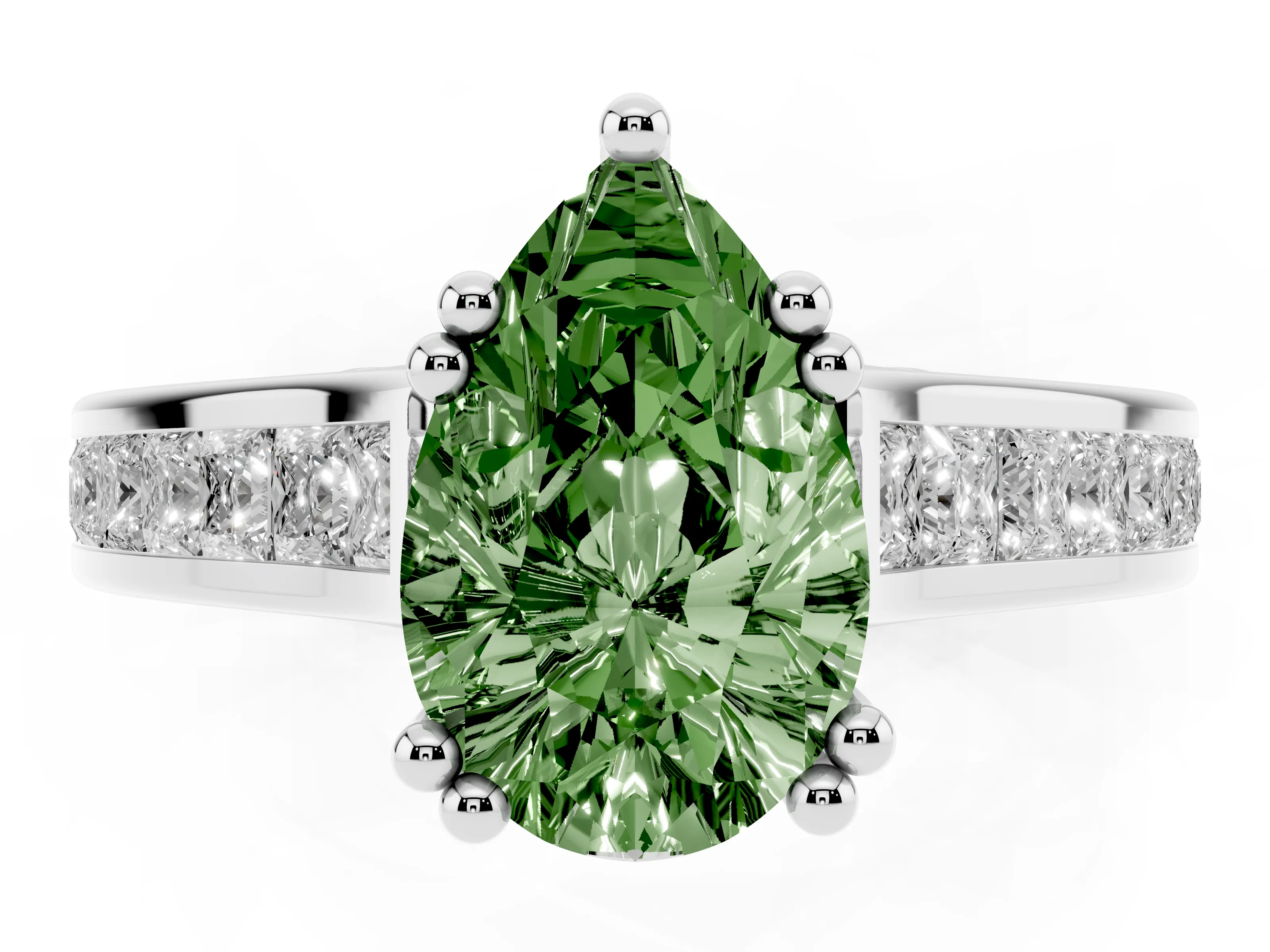 Fancy Green Pear Cut Diamond Channel Set Solitaire Engagement Ring Set in Silver with Prong Setting