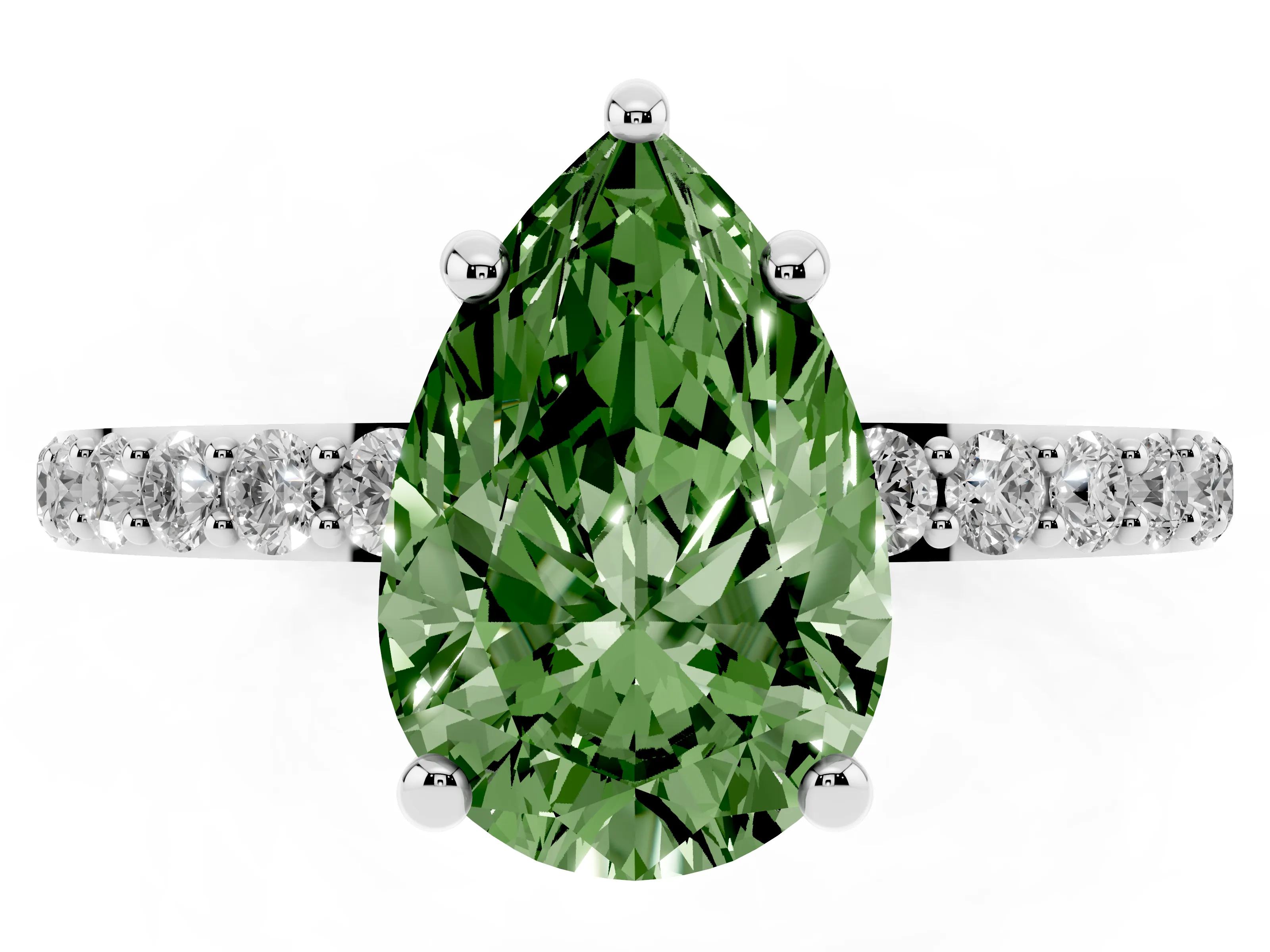 Fancy Green Pear Cut Diamond Solitaire Ring Set in Platinum with Round Pavé Band and Prong Setting