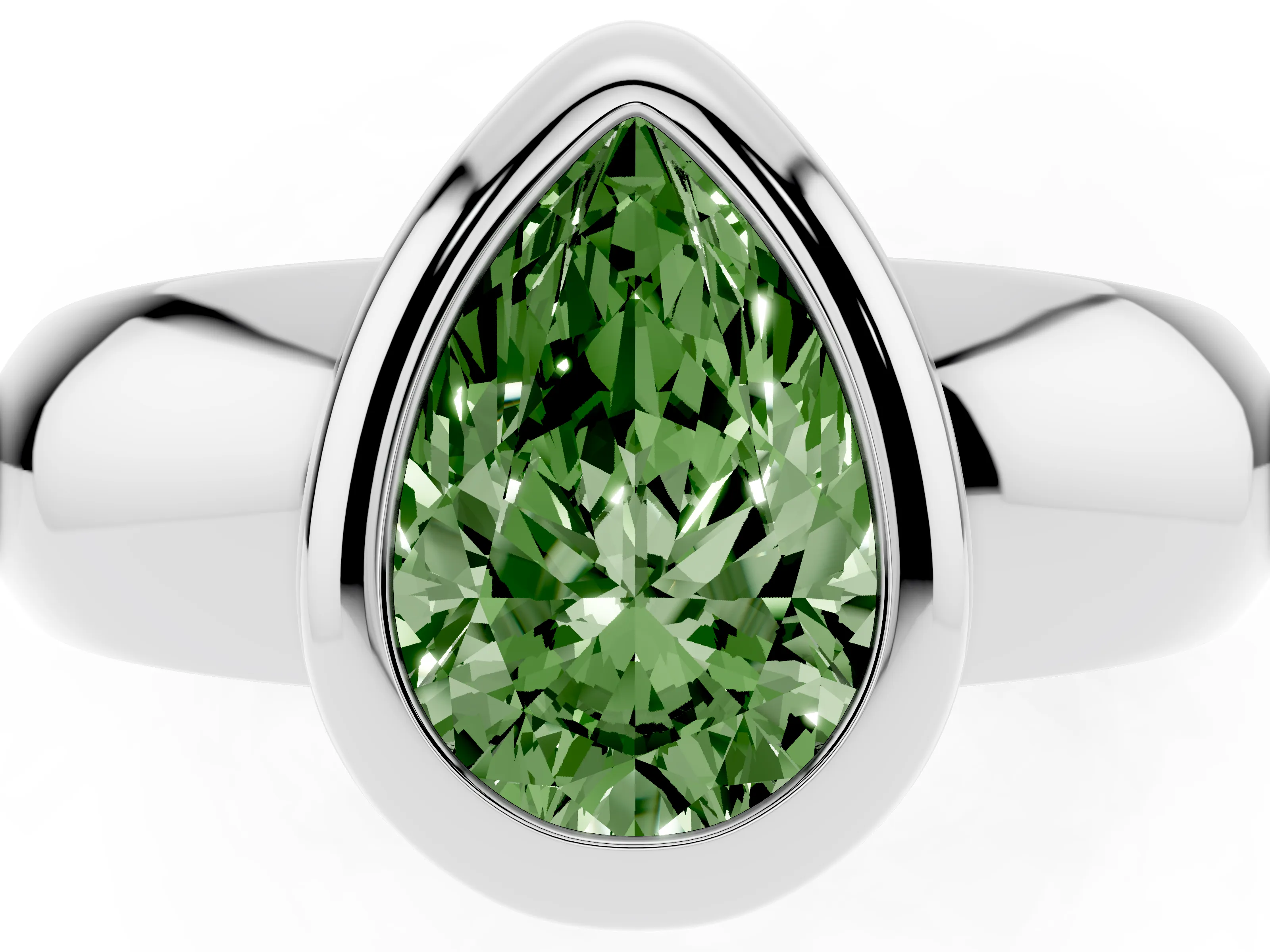 Fancy Green Bezel Set Pear Cut Diamond Solitaire Ring Set in White gold with Wide Band