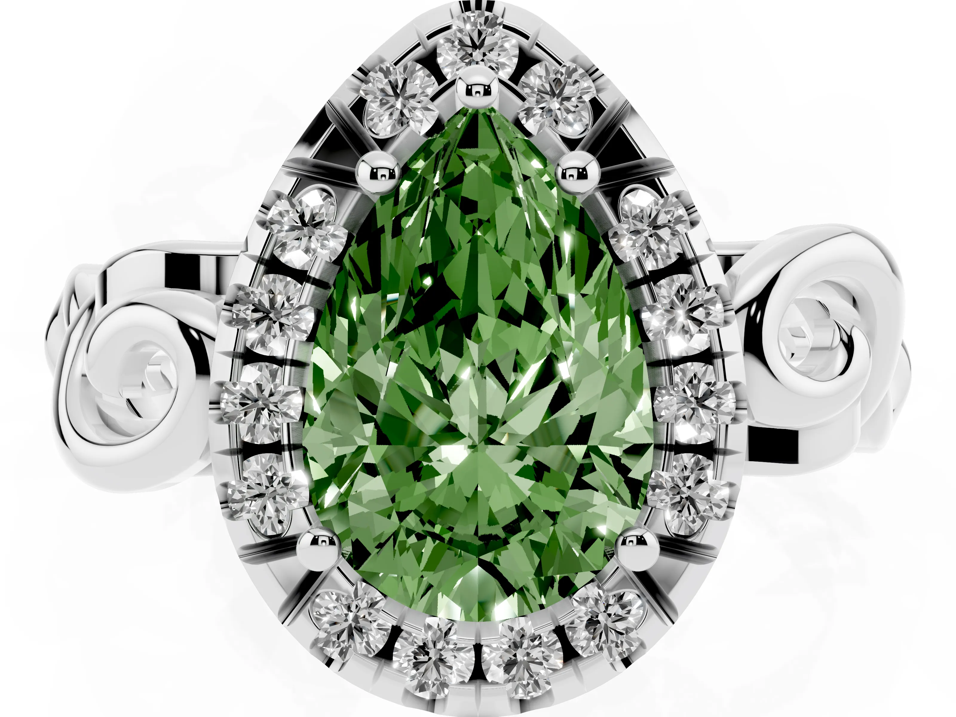 Fancy Green Pear Cut Diamond Halo Ring Set in Platinum with Scrollwork Band and Prong Setting