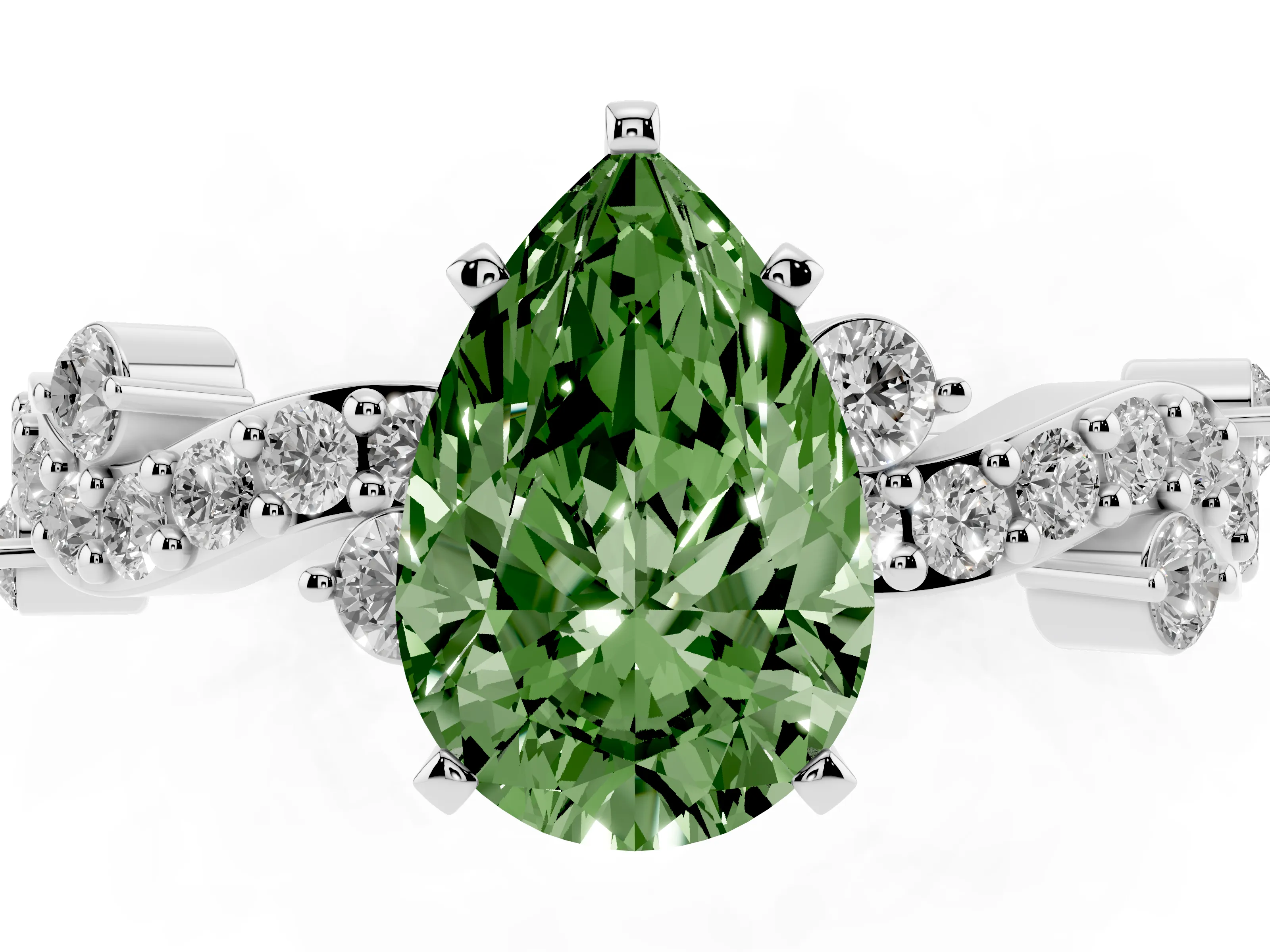 Fancy Green Pear Cut Diamond Solitaire Twisted Band Set in White gold with Pavé Setting