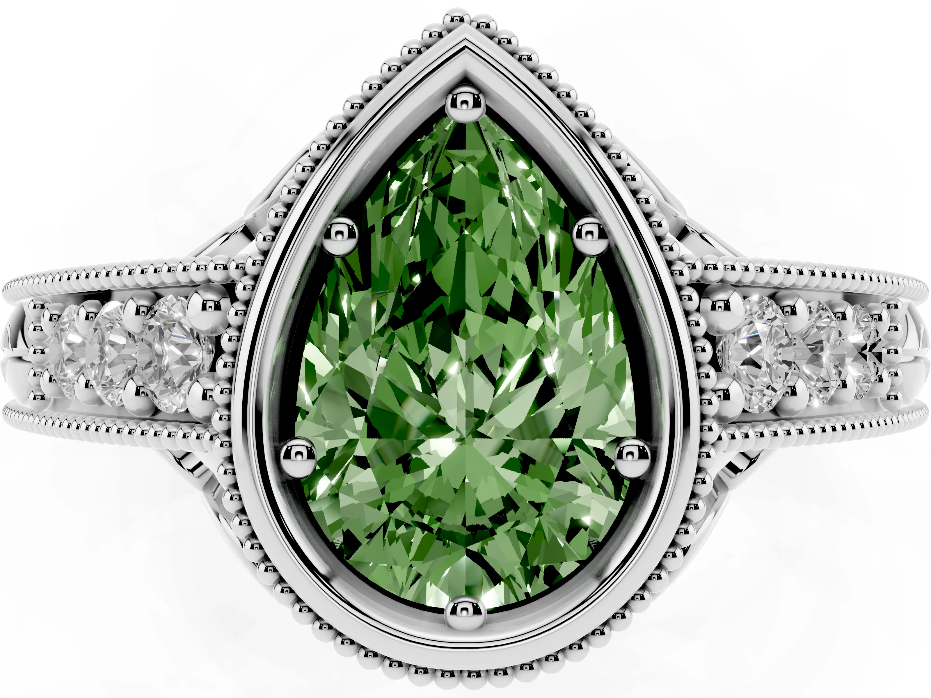 Fancy Green Bezel Set Pear Cut Diamond Milgrain Pavé Engagement Ring Set in White gold