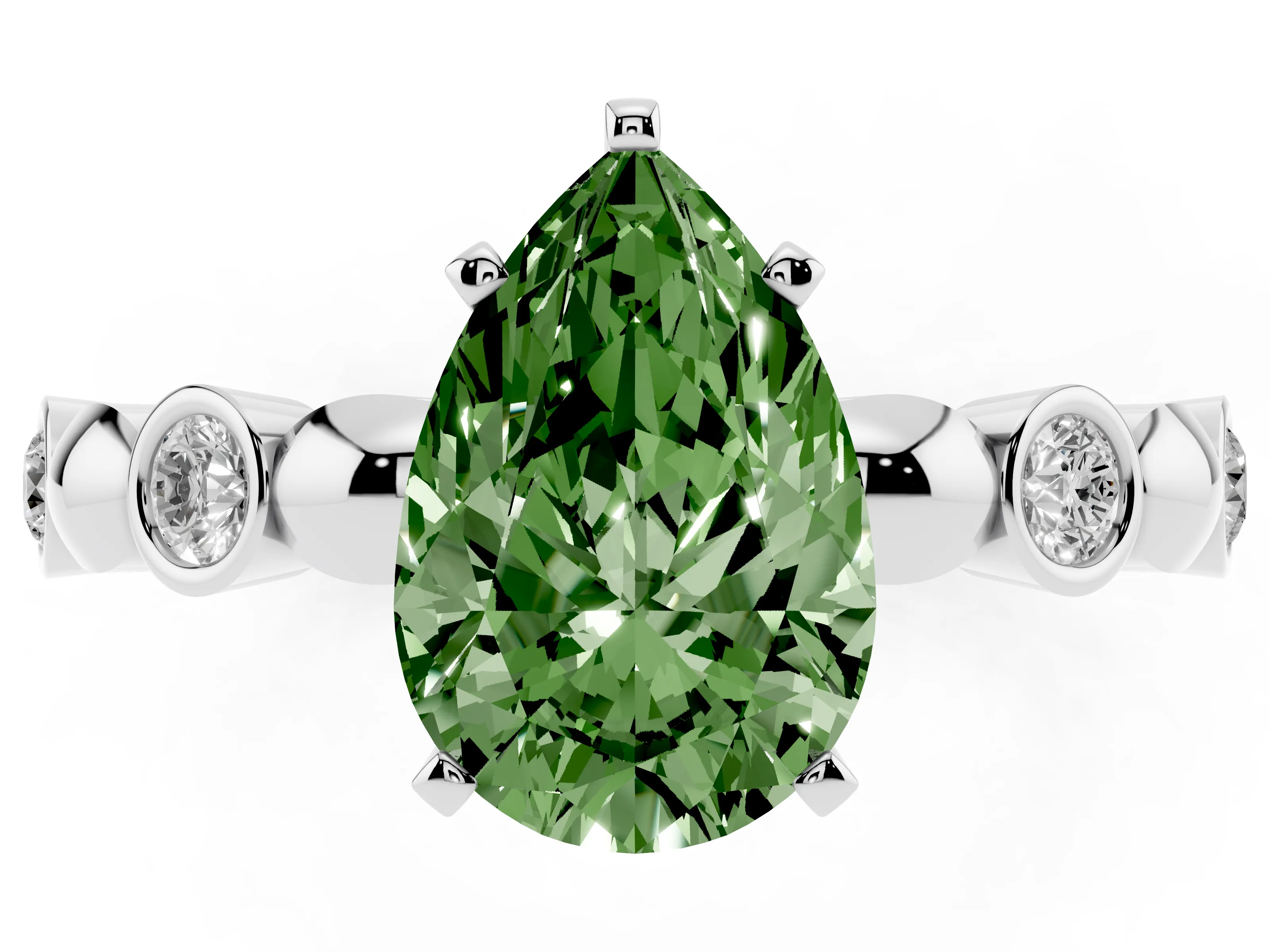 Fancy Green Pear Cut Diamond Solitaire Ring Set in Silver with Bezel-Set Accents on Beaded Band and Prong Setting
