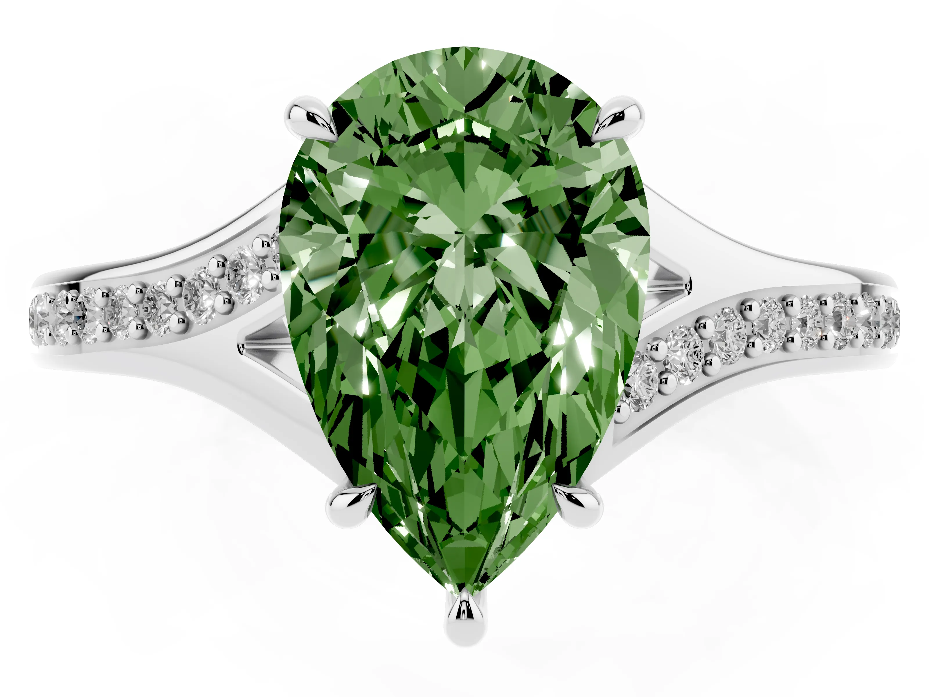 Fancy Green Pear Cut Diamond Solitaire Ring Set in White gold with Pavé Accent Band and Classic Prong Setting