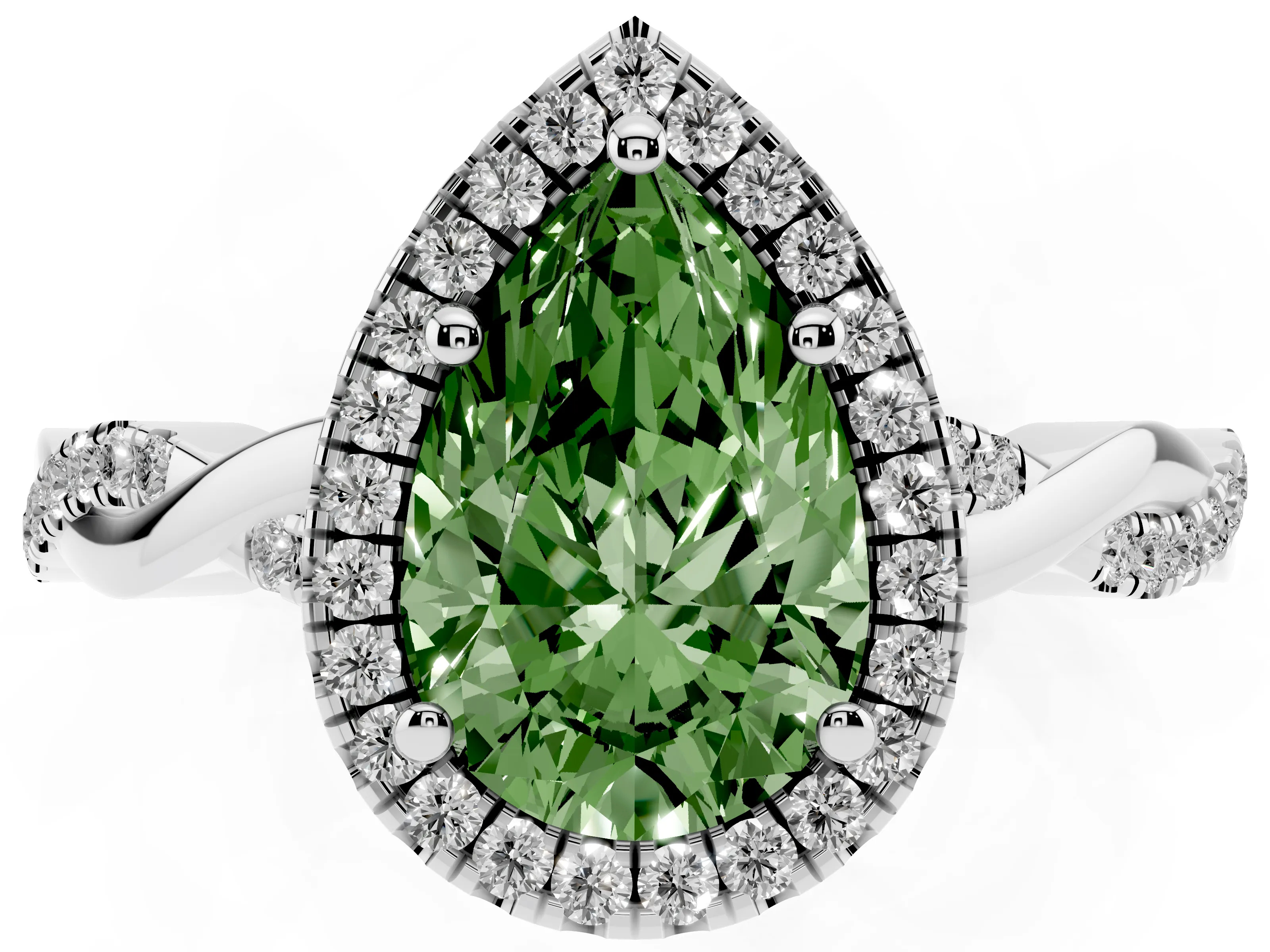 Fancy Green Pear Cut Diamond Halo Twisted Band Ring Set in Platinum with Prong Setting