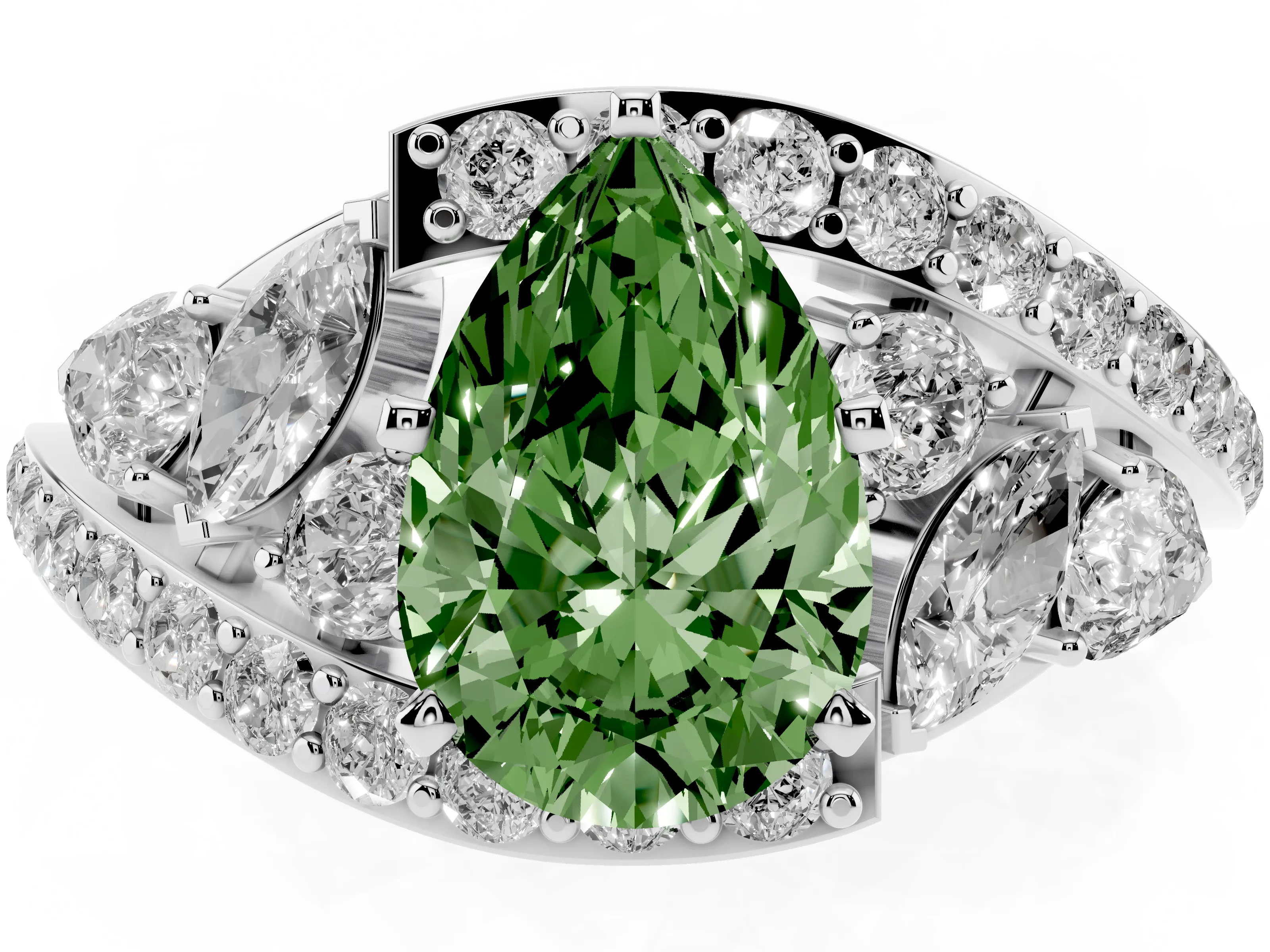 Fancy Green Pear Cut Diamond Halo Ring Set in Platinum with Marquise and Pavé Band in Prong Setting
