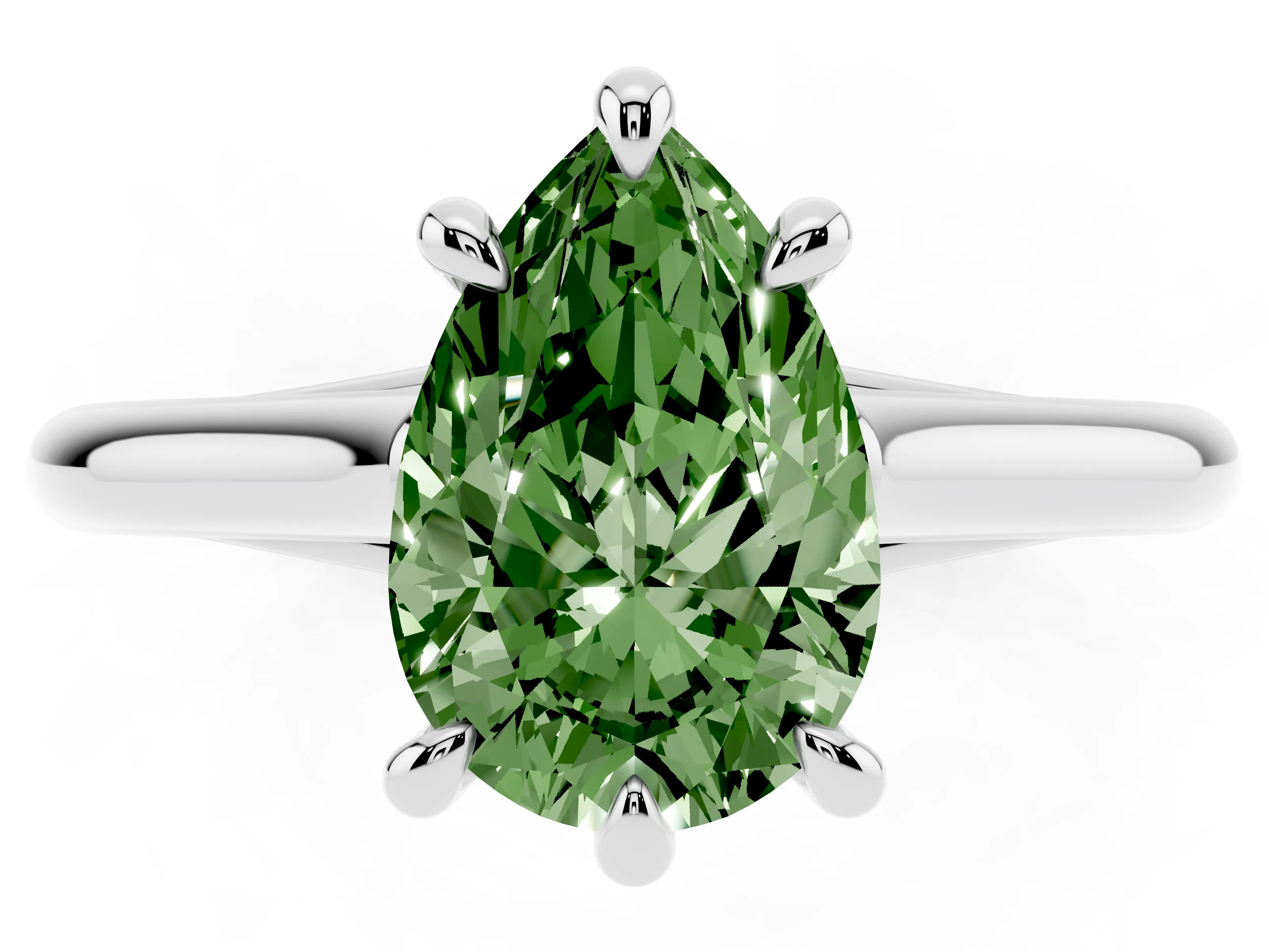 Fancy Green Pear Cut Diamond Solitaire Engagement Ring Set in Silver with Prong Setting and Plain Classic Band