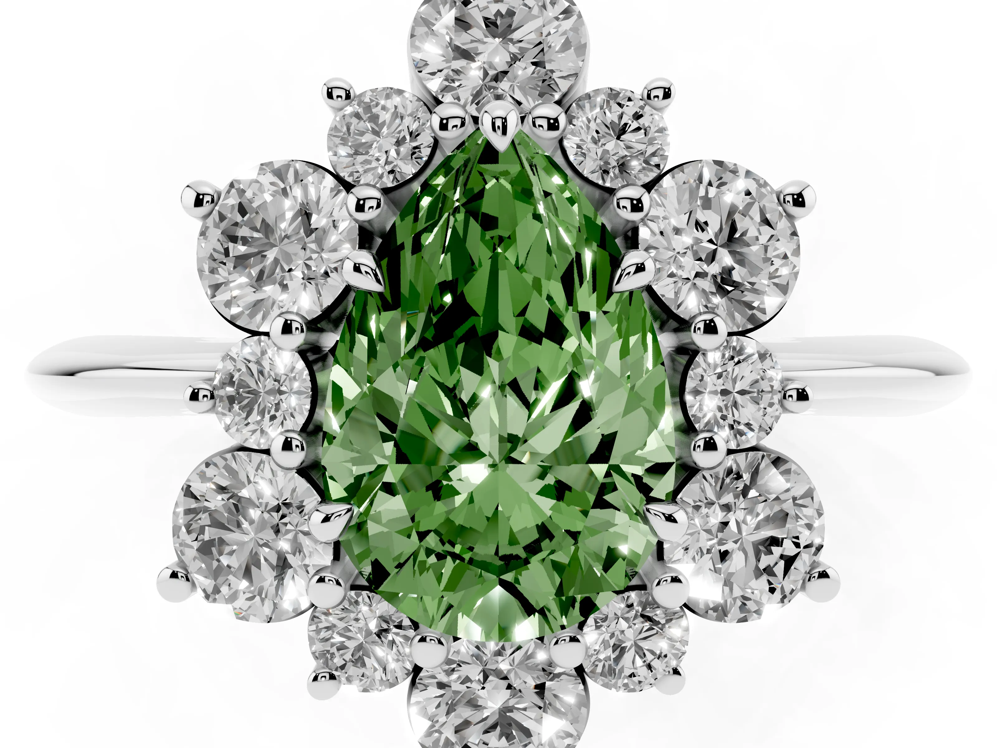 Fancy Green Pear Cut Diamond Cluster Halo Ring Set in White gold with Solitaire Band and Prong Setting
