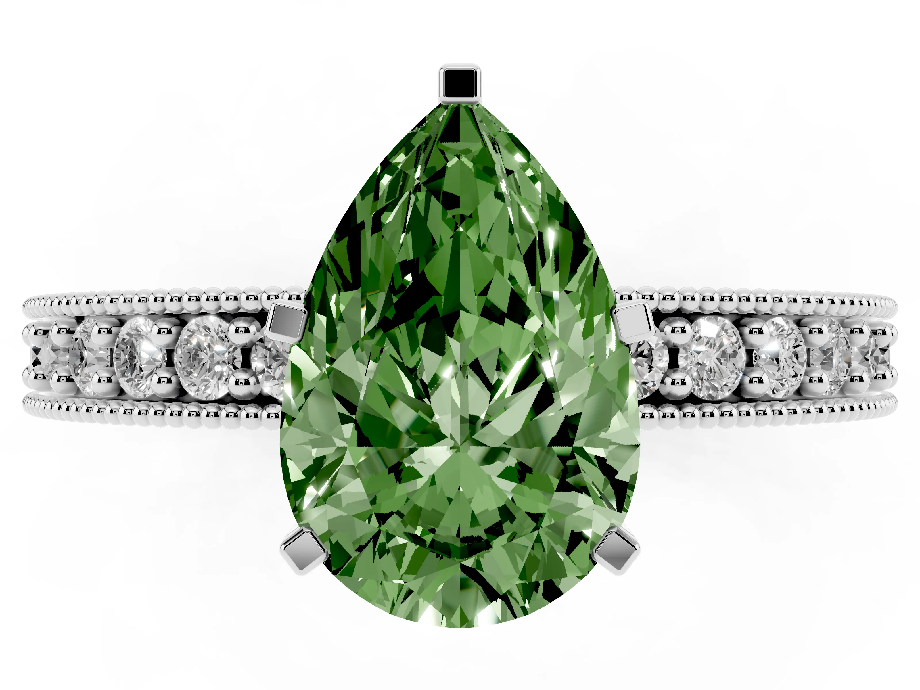Fancy Green Pear Cut Diamond Milgrain Pavé Engagement Ring Set in Platinum with Prong Setting