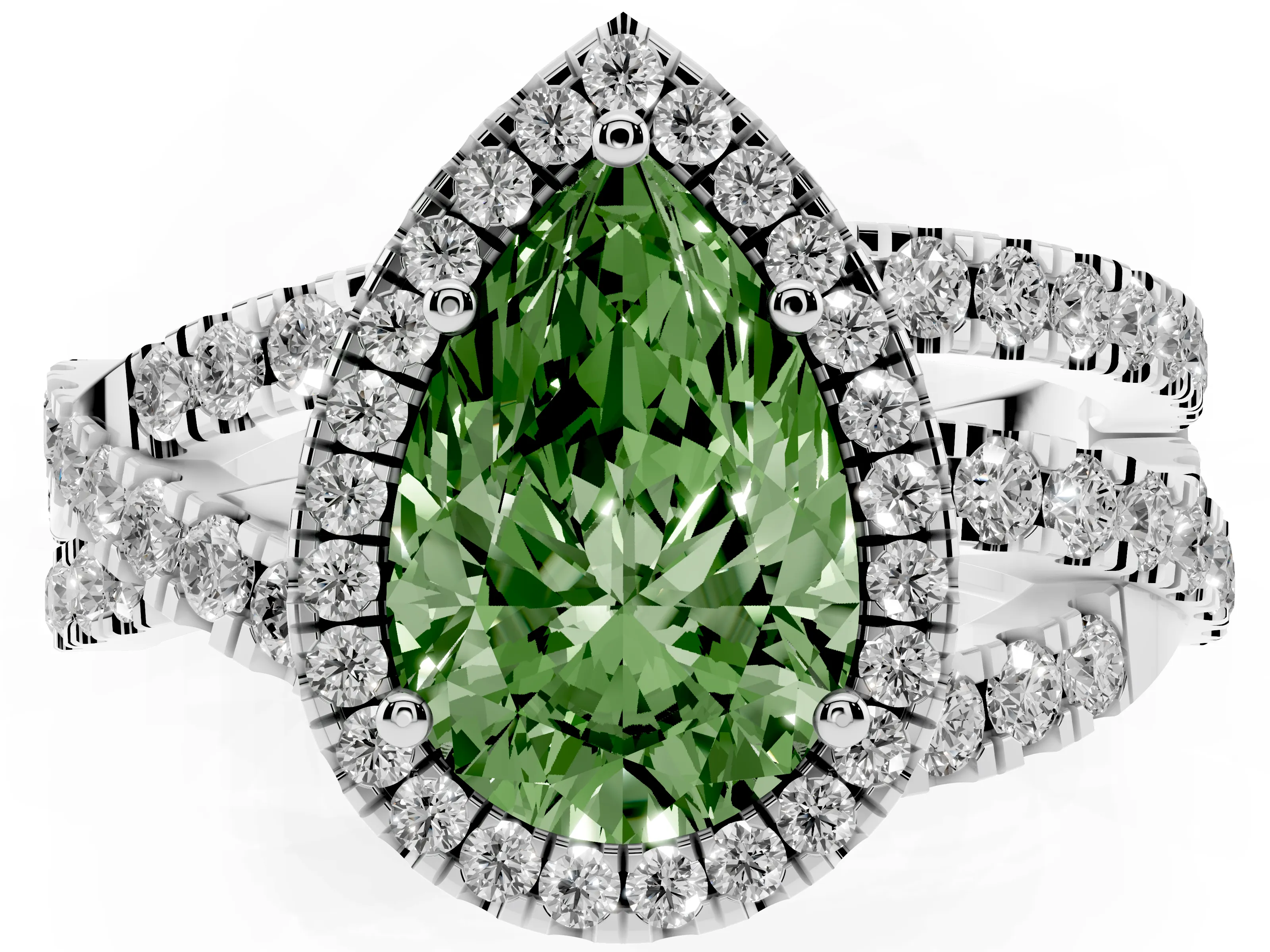 Fancy Green Pear Cut Diamond Halo Ring Set in Platinum with Round Crossover Split Shank and Prong Setting