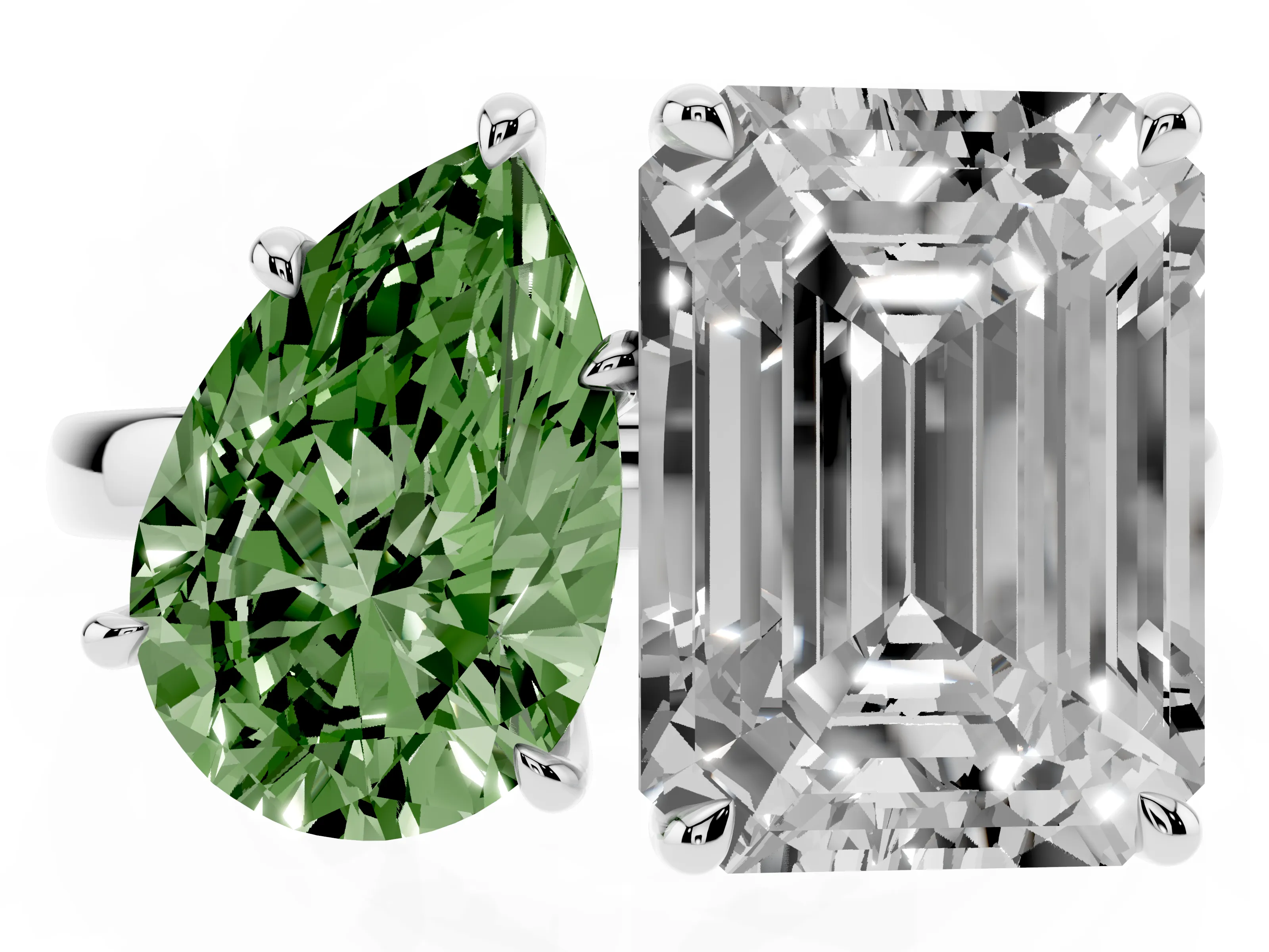 Fancy Green Pear Cut and Emerald Cut Toi Moi Ring Set in Platinum with Prong Setting