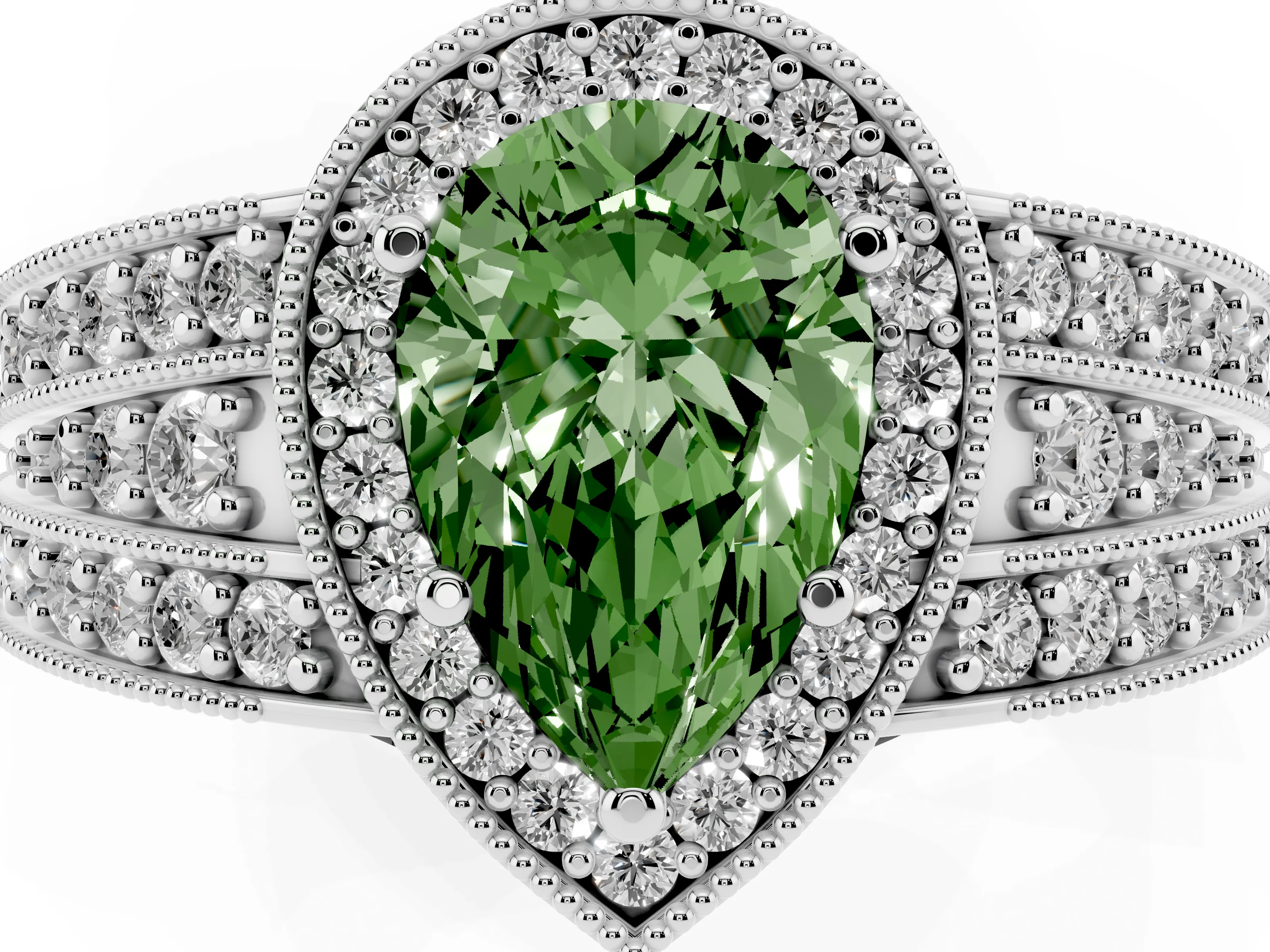 Fancy Green Pear Cut Diamond Halo Ring Set in Silver with Accent Split Shank and Prong Setting