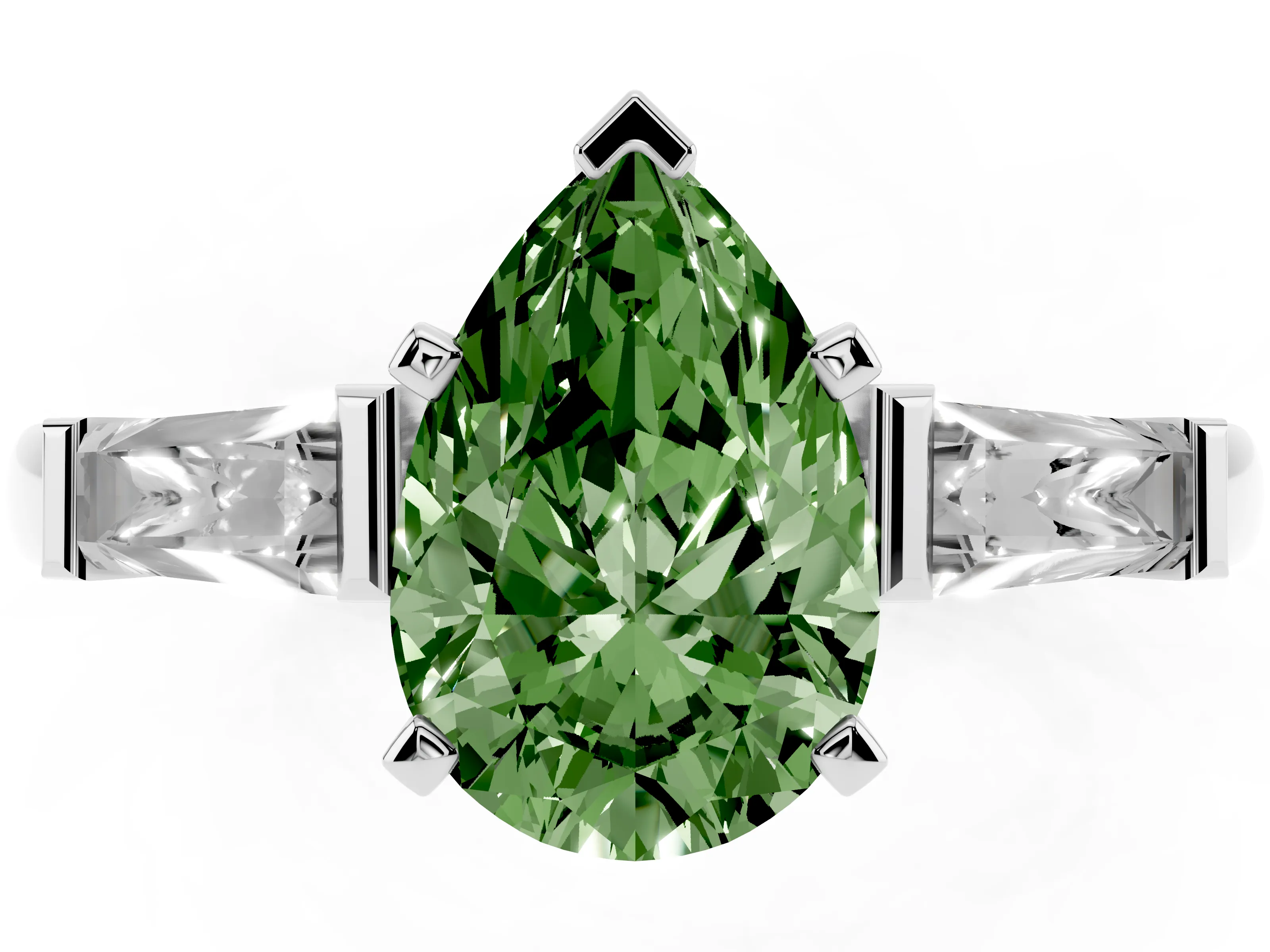 Fancy Green Pear Cut Diamond Solitaire Ring Set in Platinum with Tapered Baguette Side Stones and Prong Setting