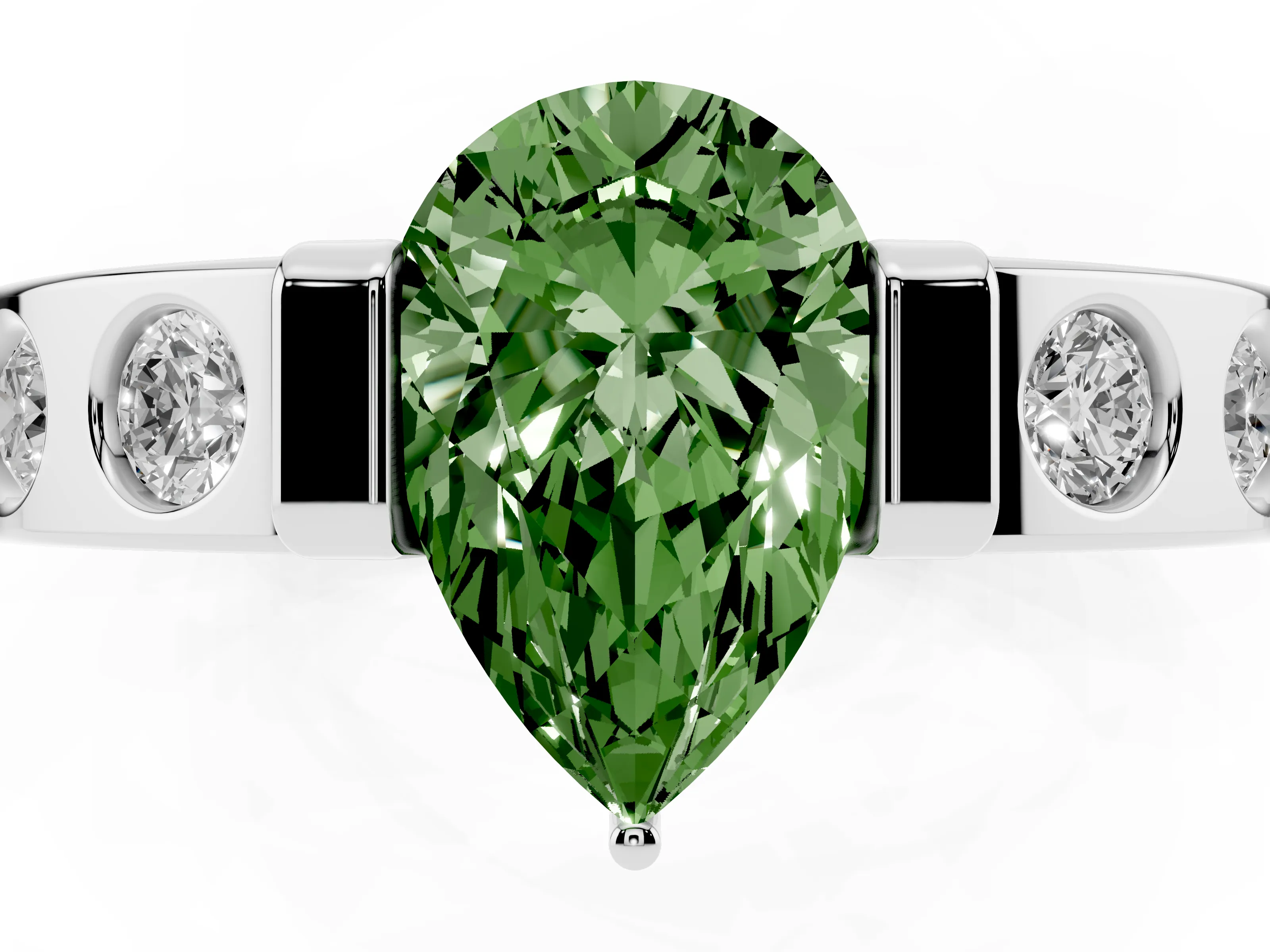 Fancy Green Pear Cut Diamond Channel-Set Band Ring Set in Silver with Bezel Prong Setting