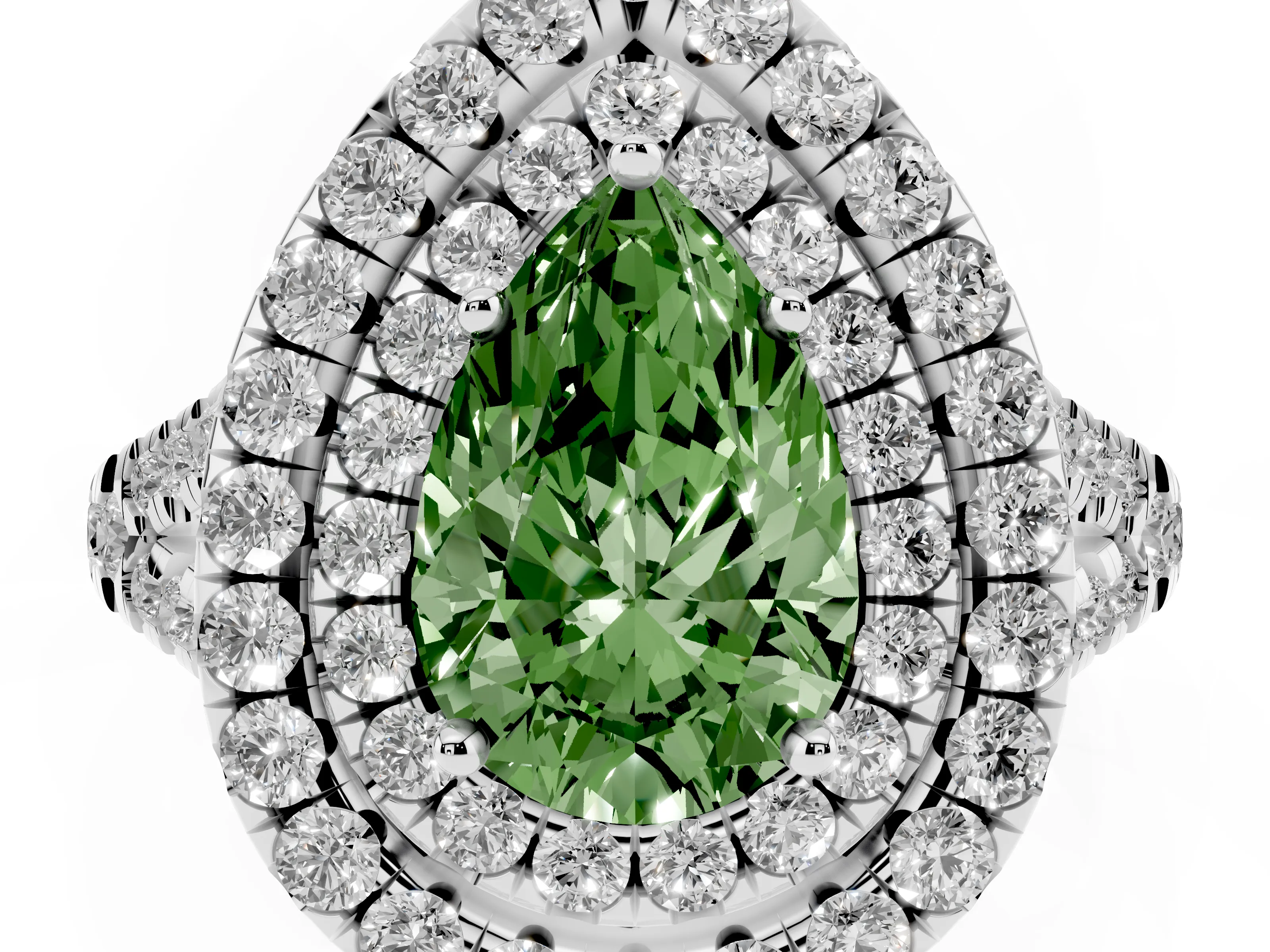 Fancy Green Pear Cut Diamond Double Halo Ring Set in Silver with Pavé Split Shank and Prong Setting