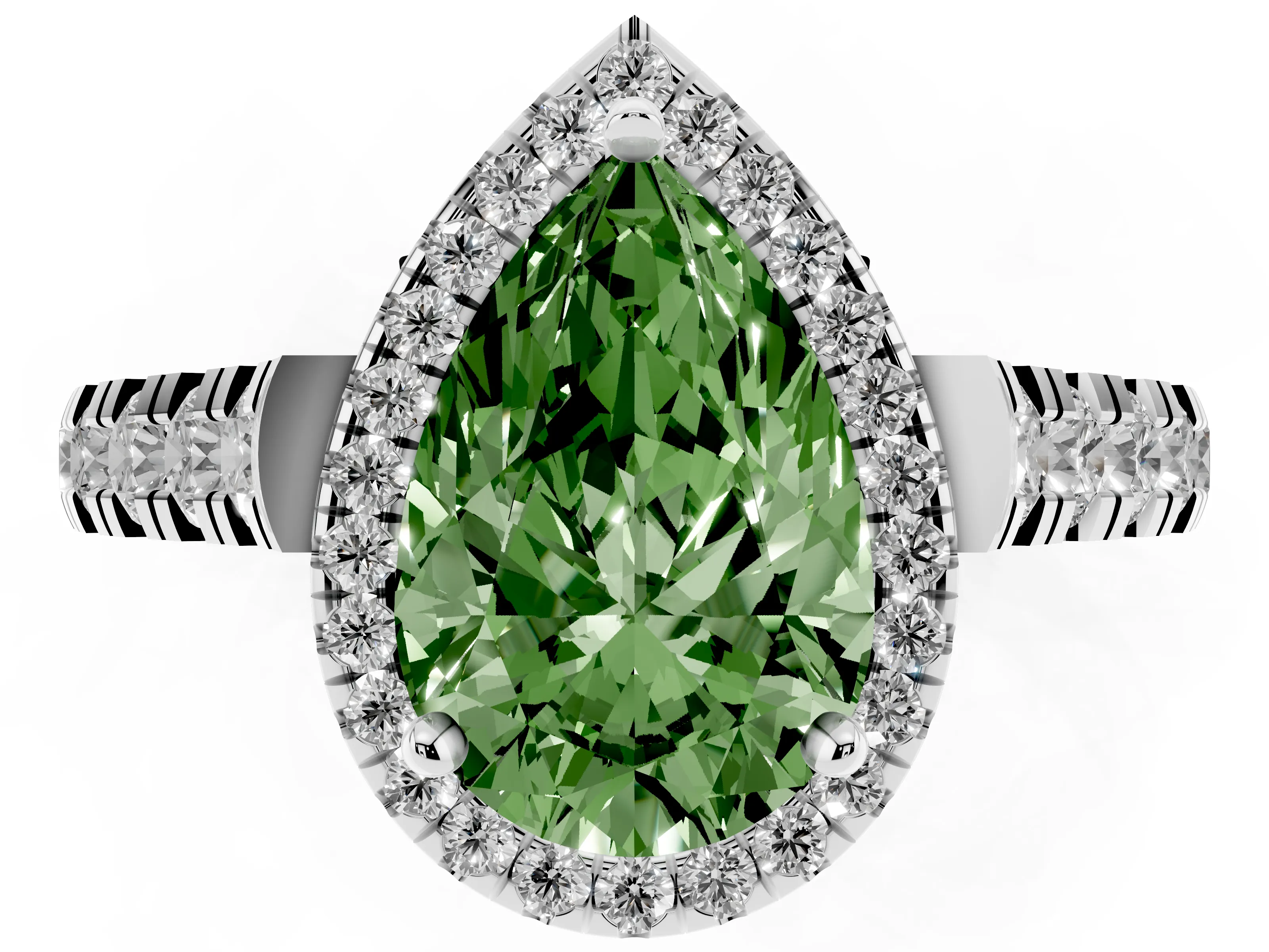 Fancy Green Pear Cut Diamond Halo Engagement Ring Set in Silver with Pavé Band and Prong-Set Center
