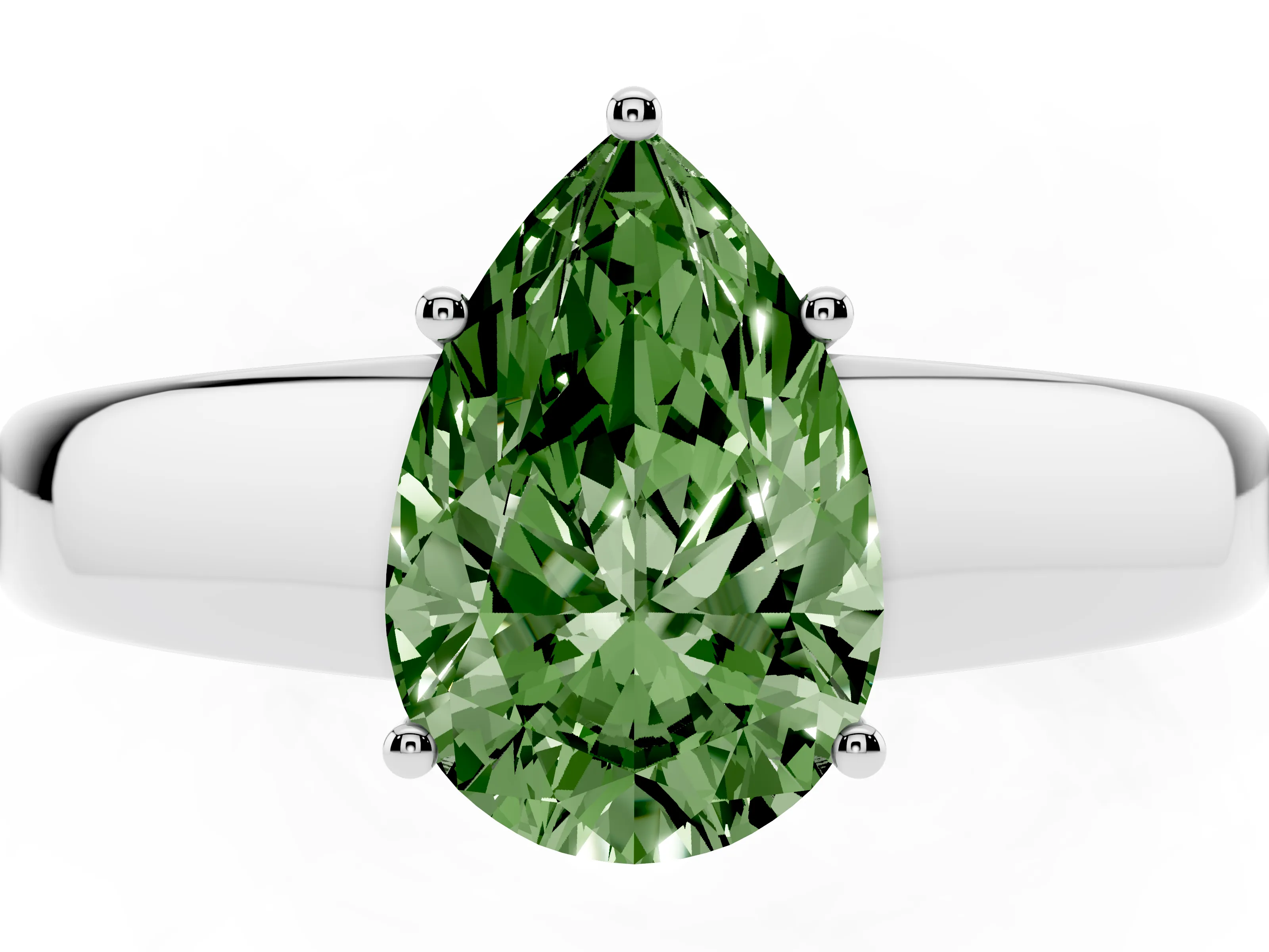 Fancy Green Pear Cut Diamond Solitaire Ring Set in White gold with Tapered Band and Prong Setting