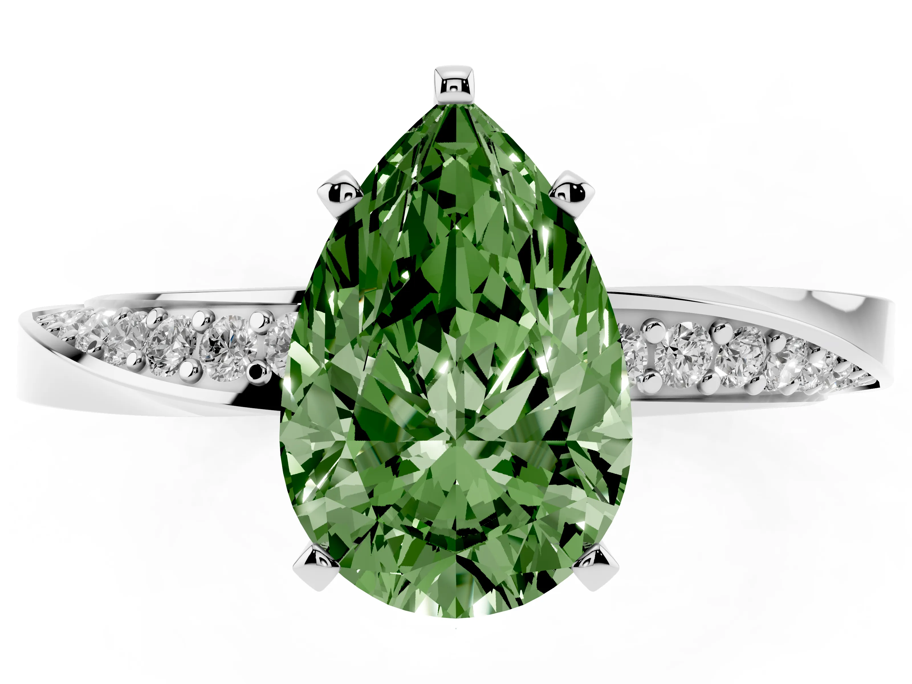 Fancy Green Pear Cut Diamond Engagement Ring Set in Silver with Side Stone Accents and Prong Setting