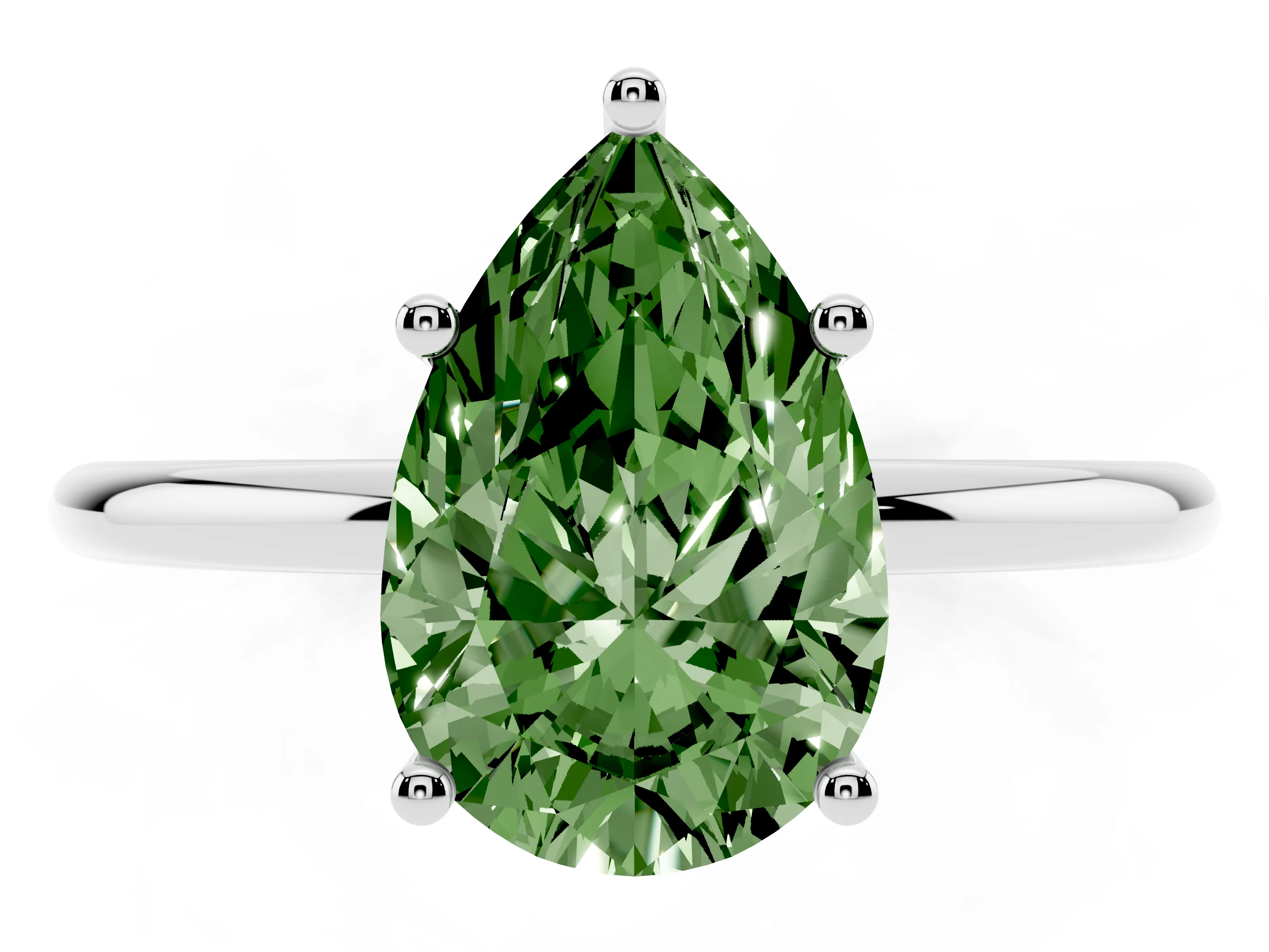 Fancy Green Pear Cut Diamond Solitaire Engagement Ring Set in Silver with Thin Band and Prong Setting