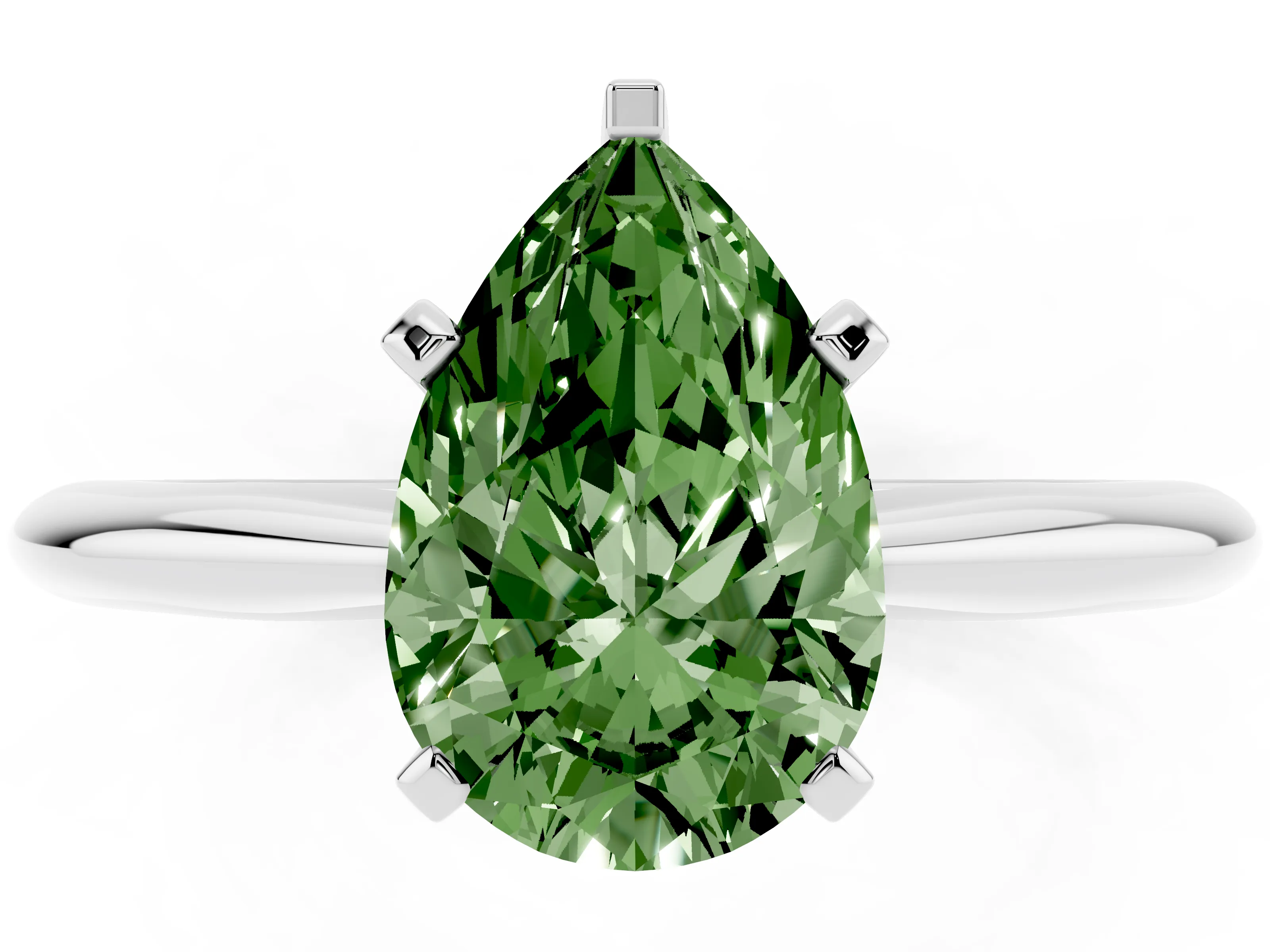 Fancy Green Pear Cut Diamond Solitaire Ring Set in Silver with Prong Setting on a Plain Round Band