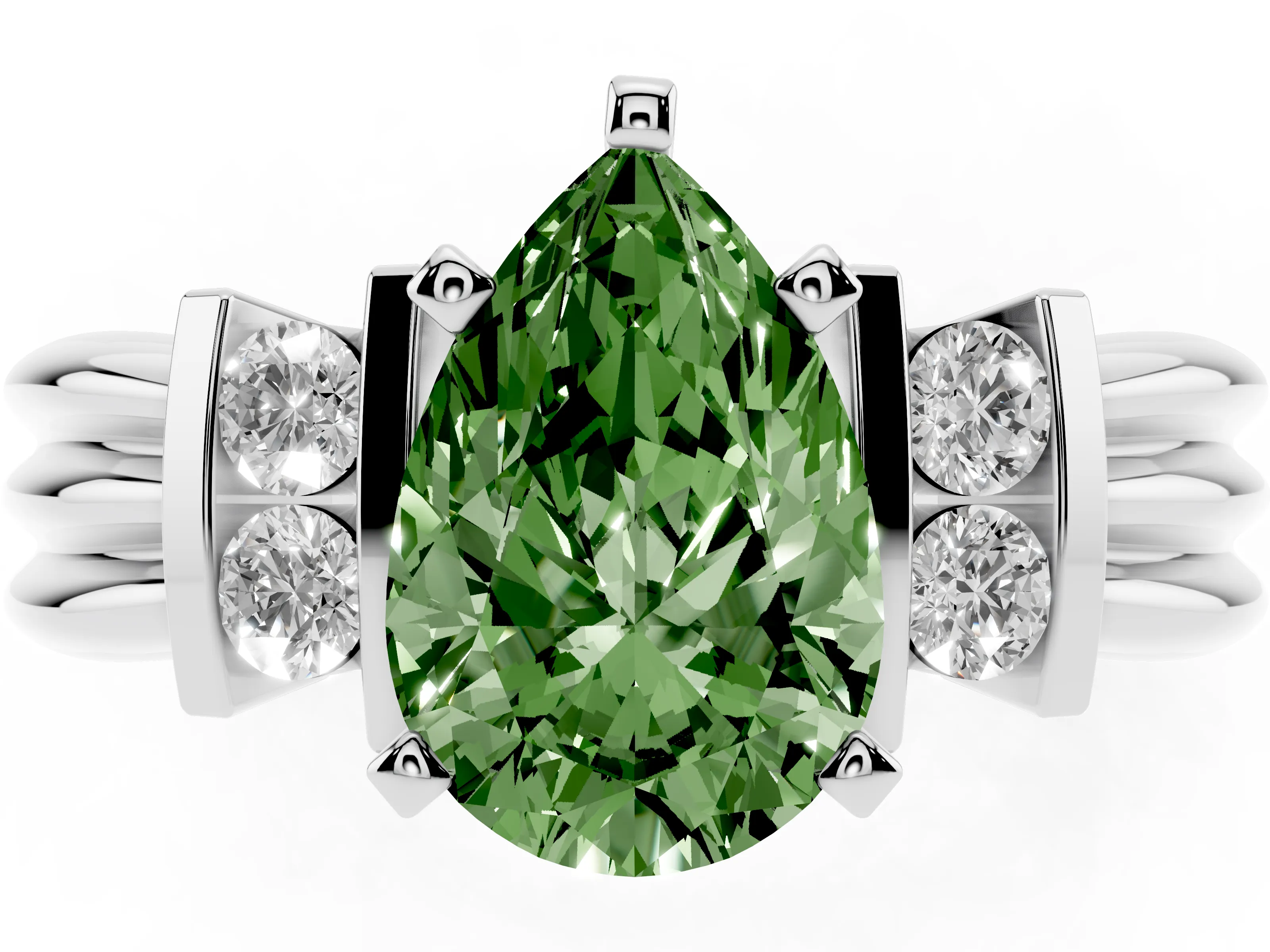 Fancy Green Three-Stone Pear Cut Diamond Channel Set Ring Set in Platinum with Bar Prongs