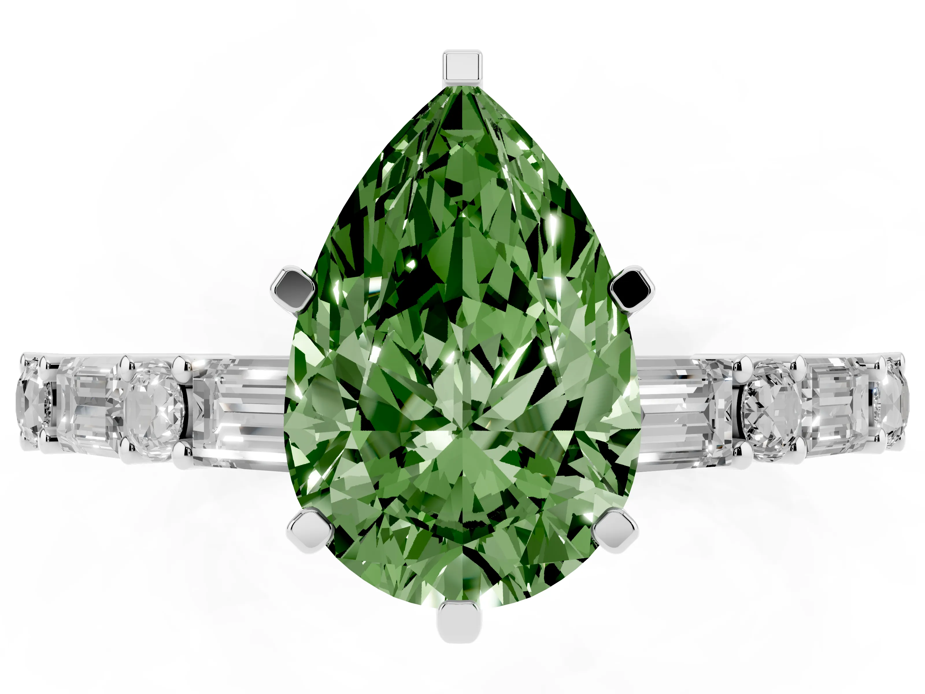Fancy Green Pear Cut Diamond Solitaire Set in Platinum with Side Baguettes and Channel Set Band