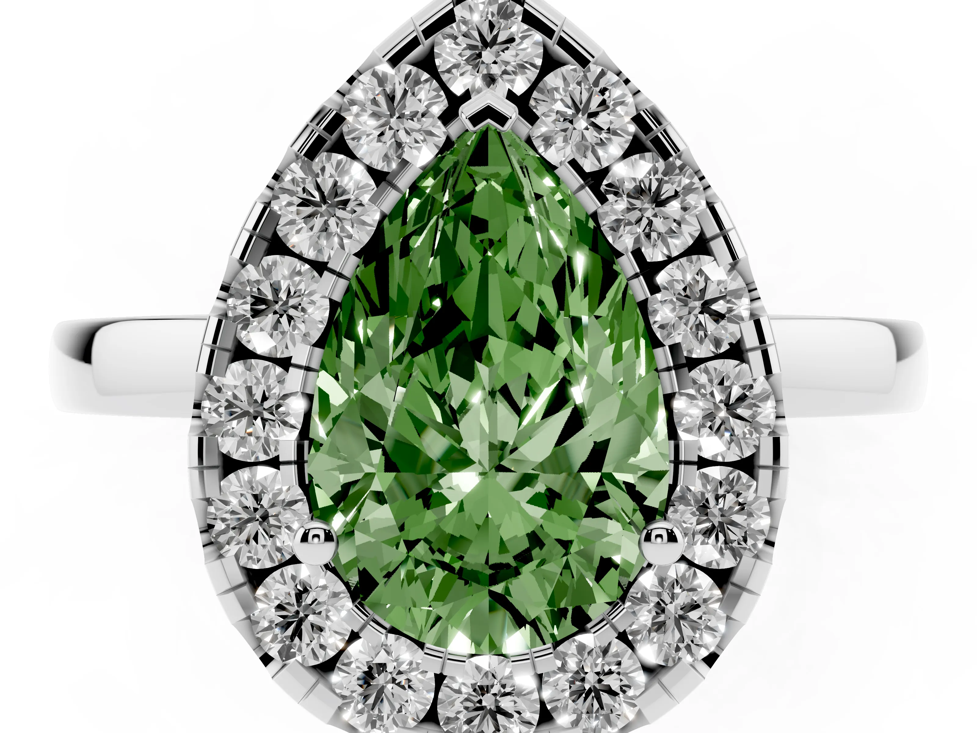 Fancy Green Pear Cut Diamond Halo Solitaire Ring Set in Silver with Pavé Band and Prong Setting