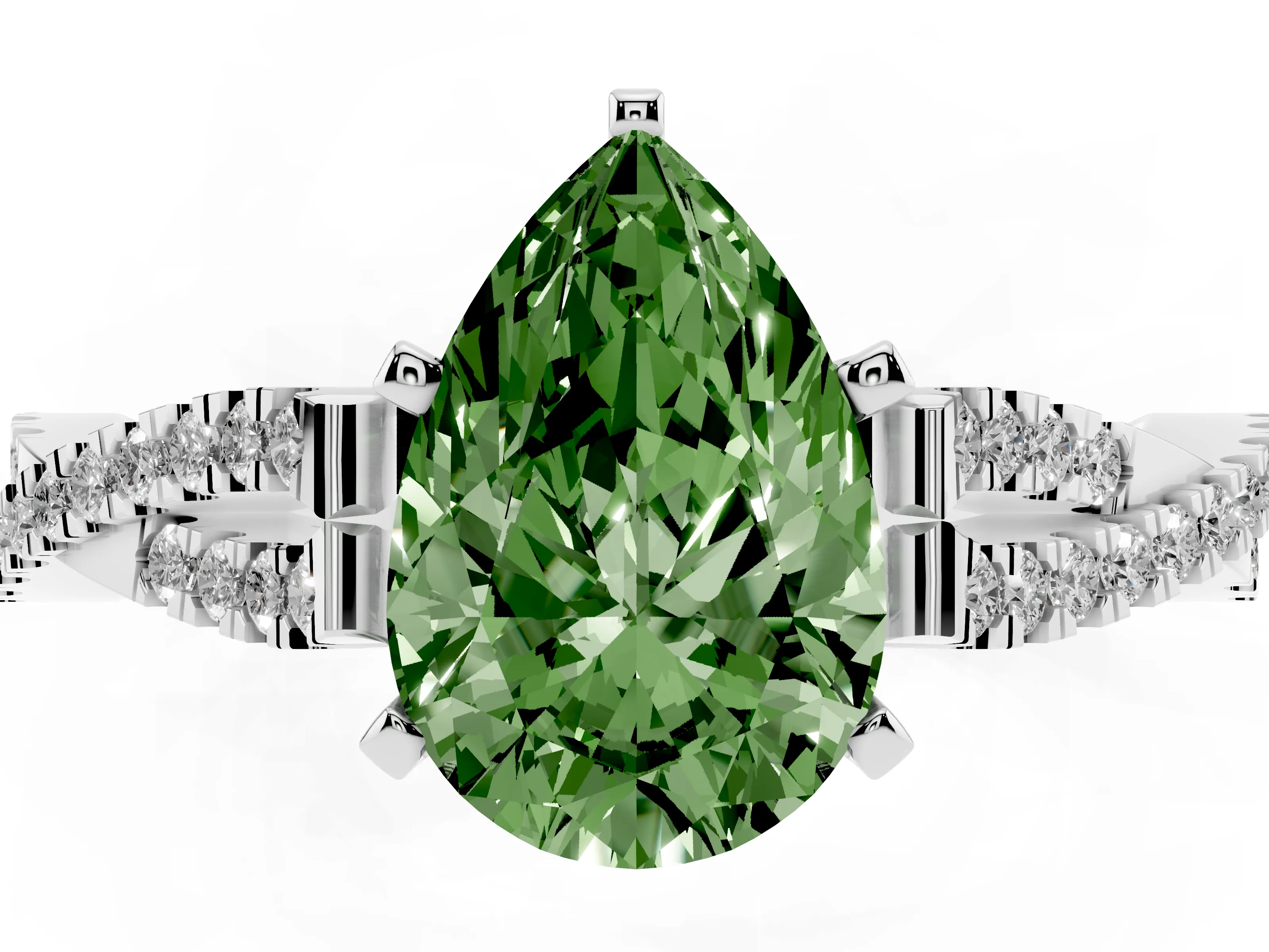 Fancy Green Pear Cut Diamond Solitaire Engagement Ring Set in White gold with Twisted Pavé Band and Prong Setting