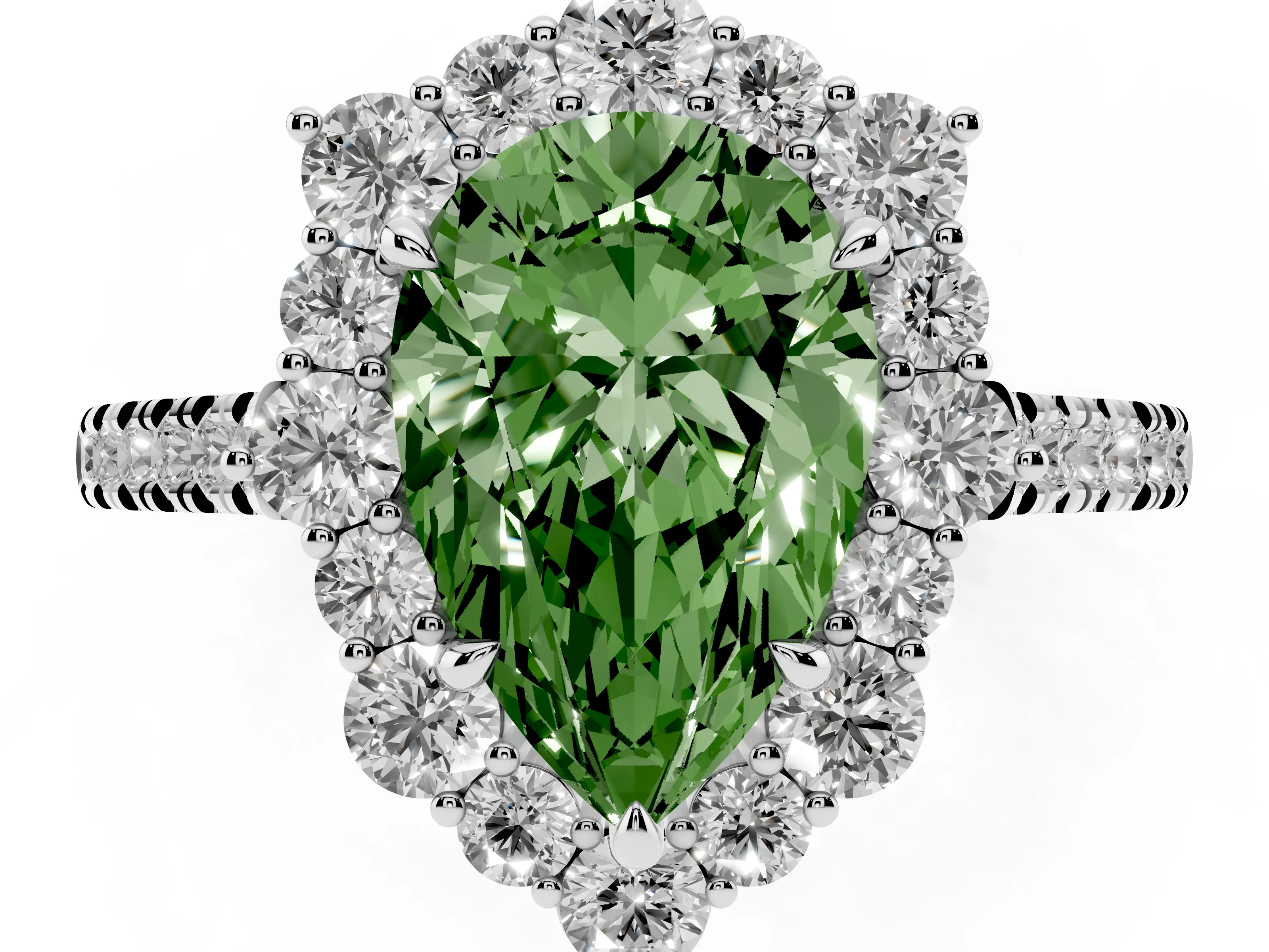 Fancy Green Pear Cut Diamond Halo Ring Set in Platinum with Pavé Band and Prong Setting
