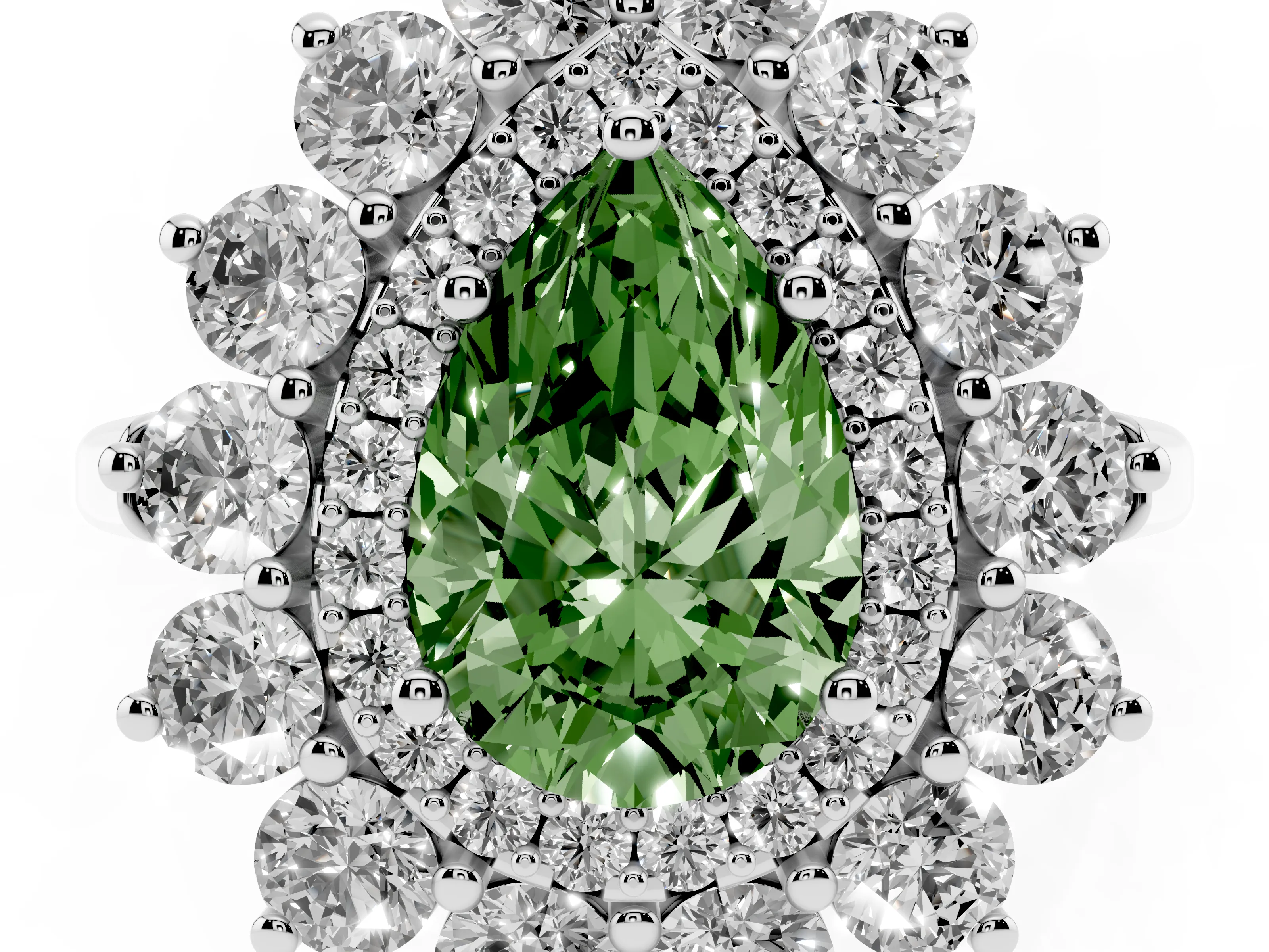 Fancy Green Pear Cut Diamond Floral Double Halo Ring Set in White gold with Round Petals