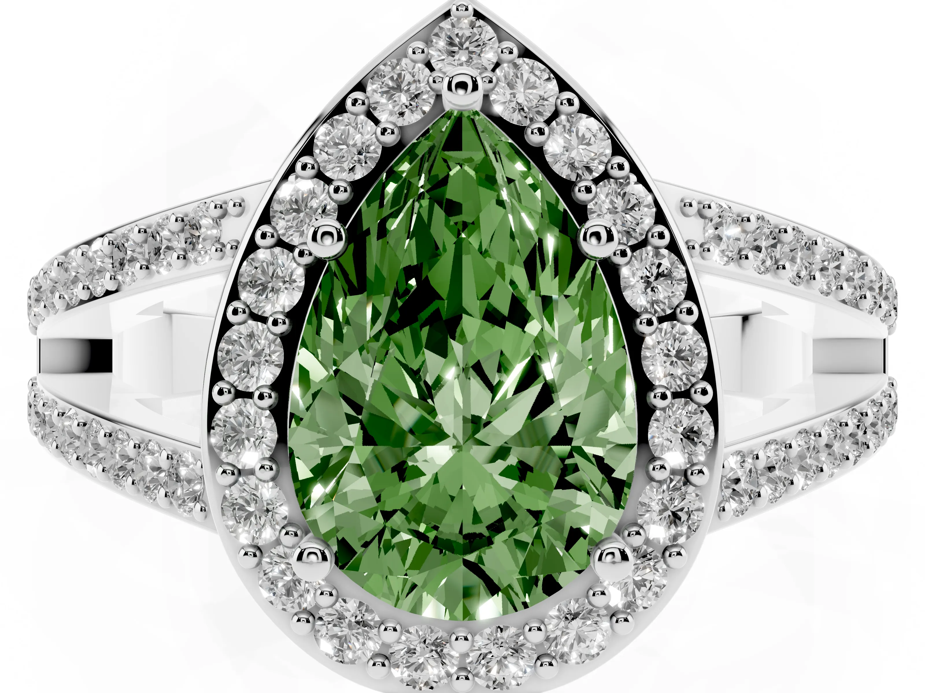 Fancy Green Pear Cut Diamond Halo Ring Set in Platinum with U-Prong Split Shank and Prong Setting