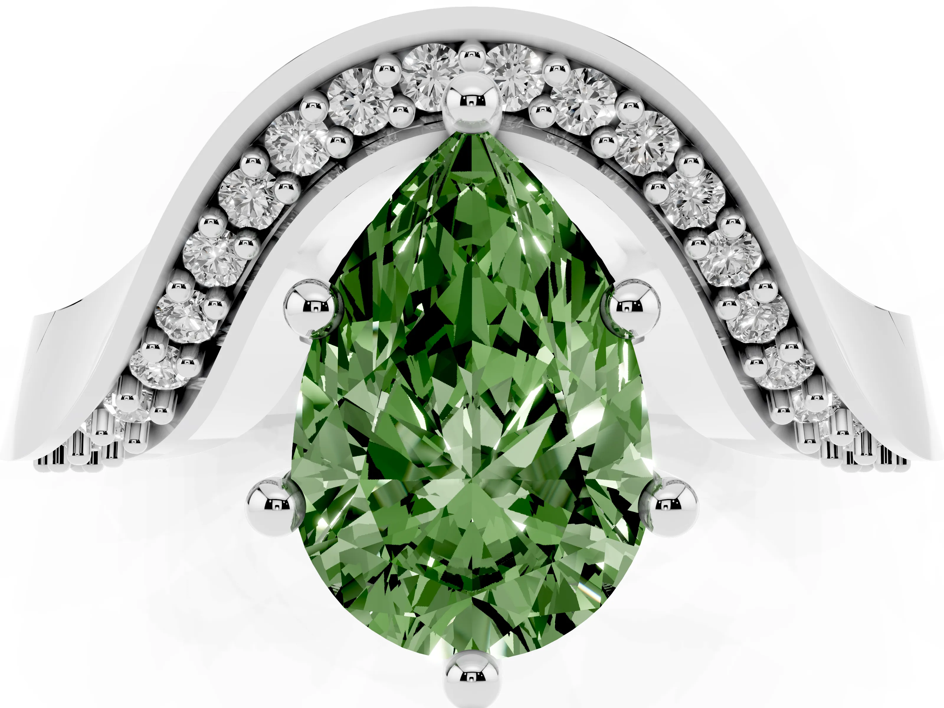 Fancy Green Pear Cut Diamond Solitaire Engagement Ring Set in Silver with Pavé Shoulders