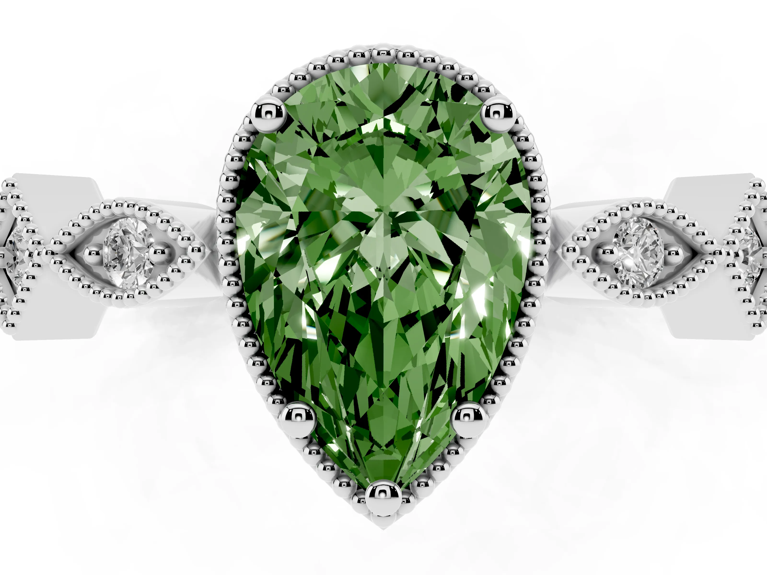 Fancy Green Pear Cut Diamond Milgrain Marquise Twist Band Ring Set in White gold with Prong Setting