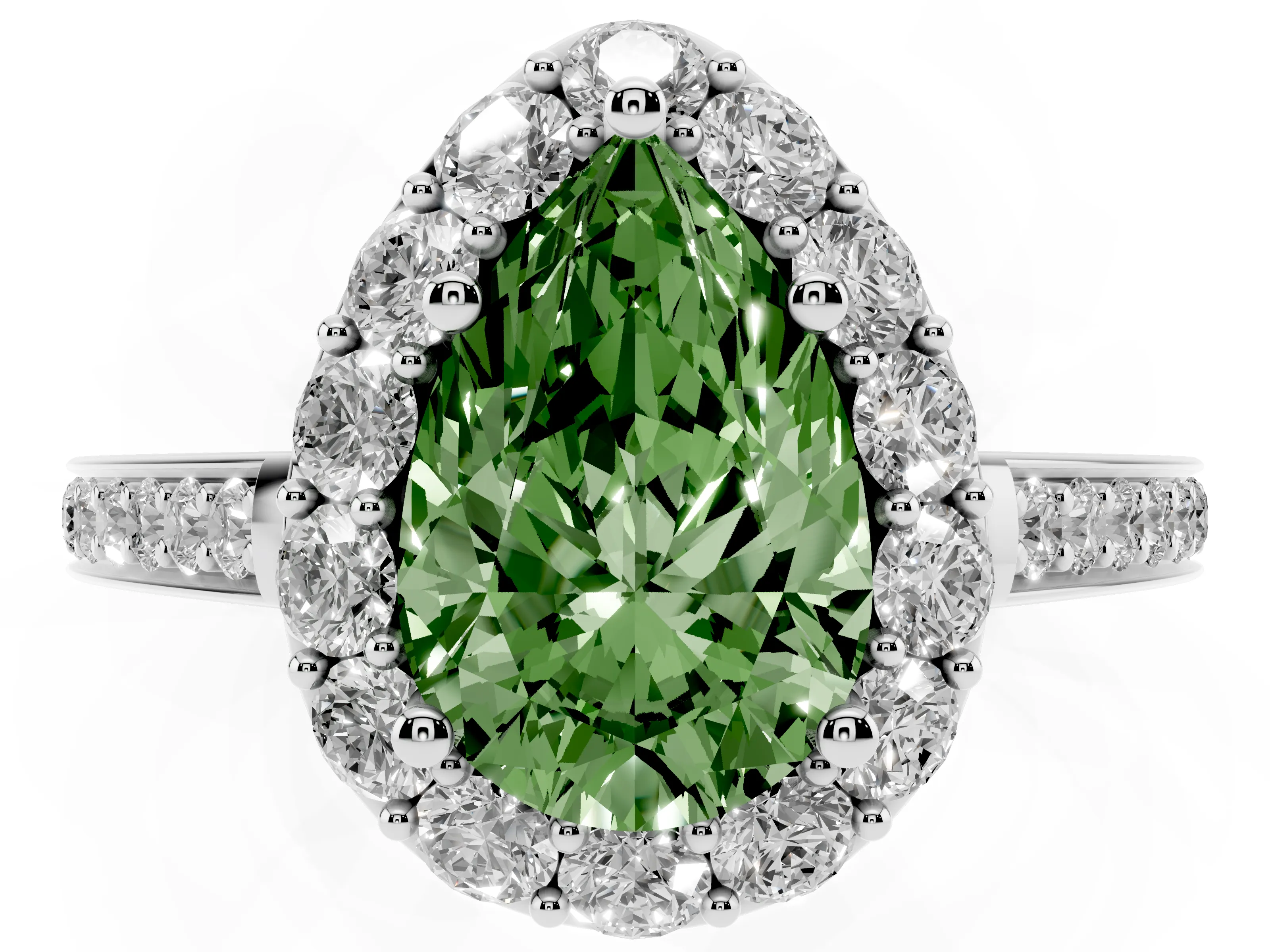 Fancy Green Pear Cut Diamond Floral Halo Ring Set in White gold with Pavé Band and Prong Setting