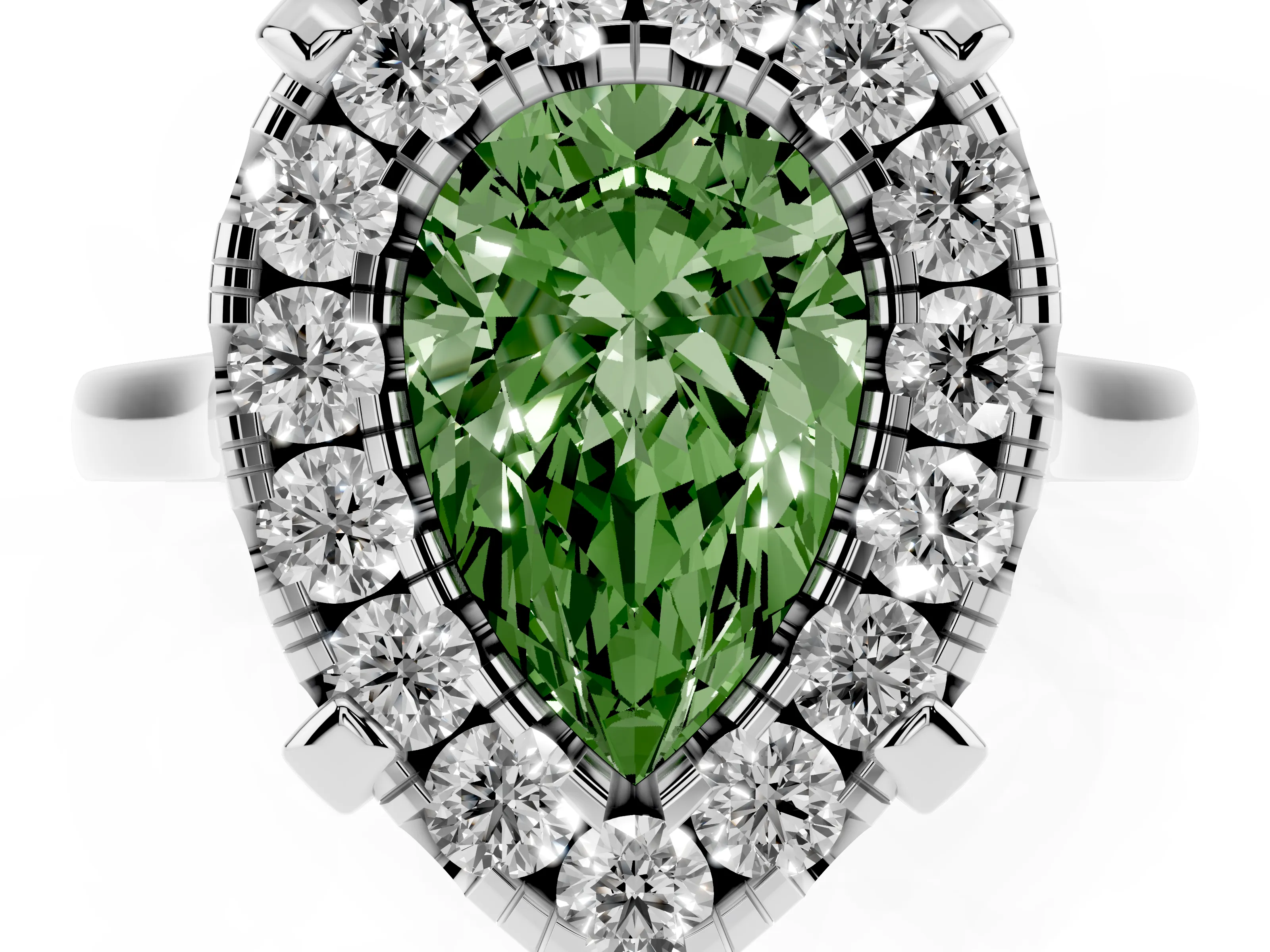 Fancy Green Pear Cut Diamond Cluster Halo Solitaire Ring Set in Silver with Prong Setting
