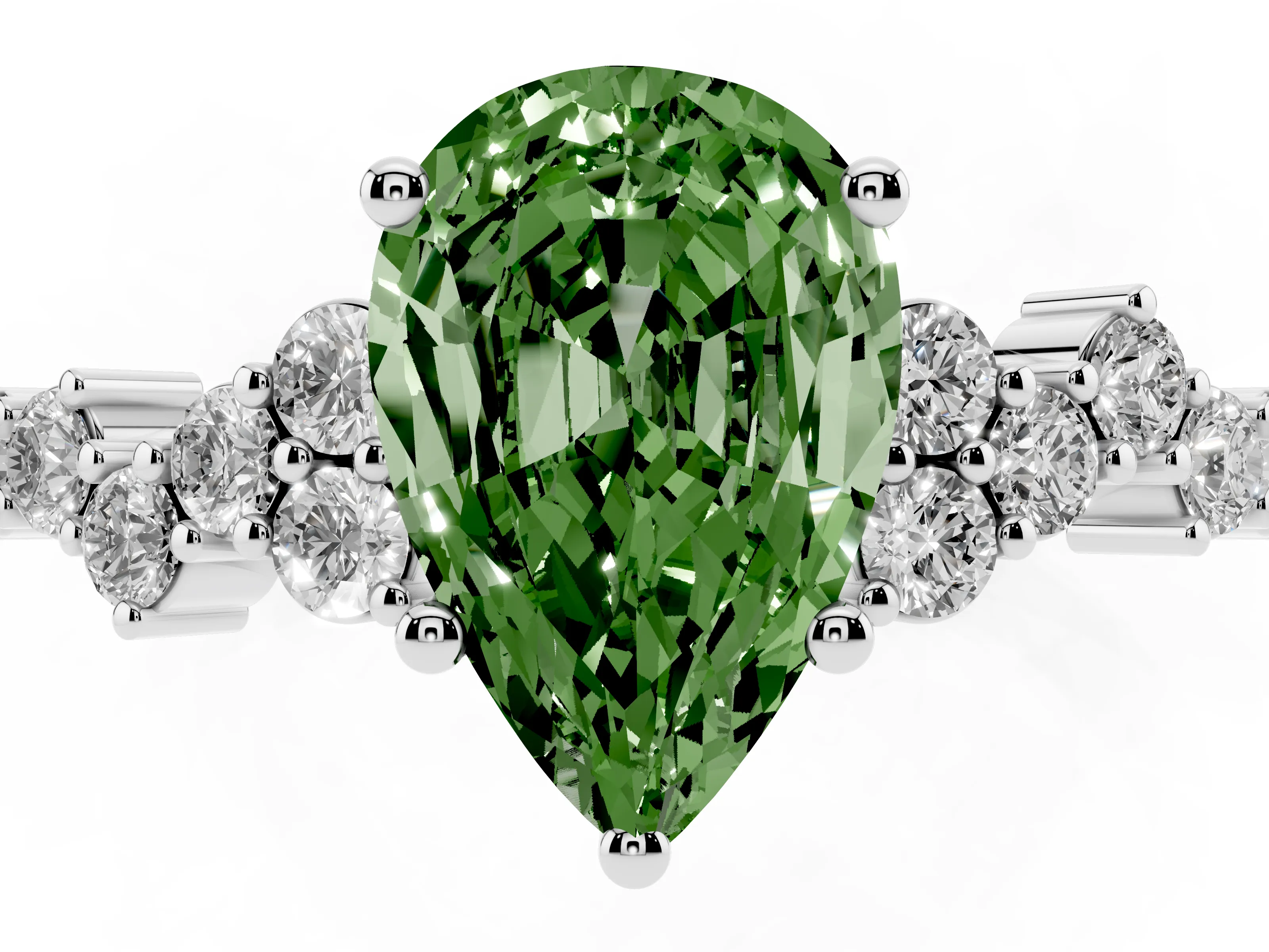 Fancy Green Pear Cut Diamond Ring Set in Platinum with Scattered Round Accents