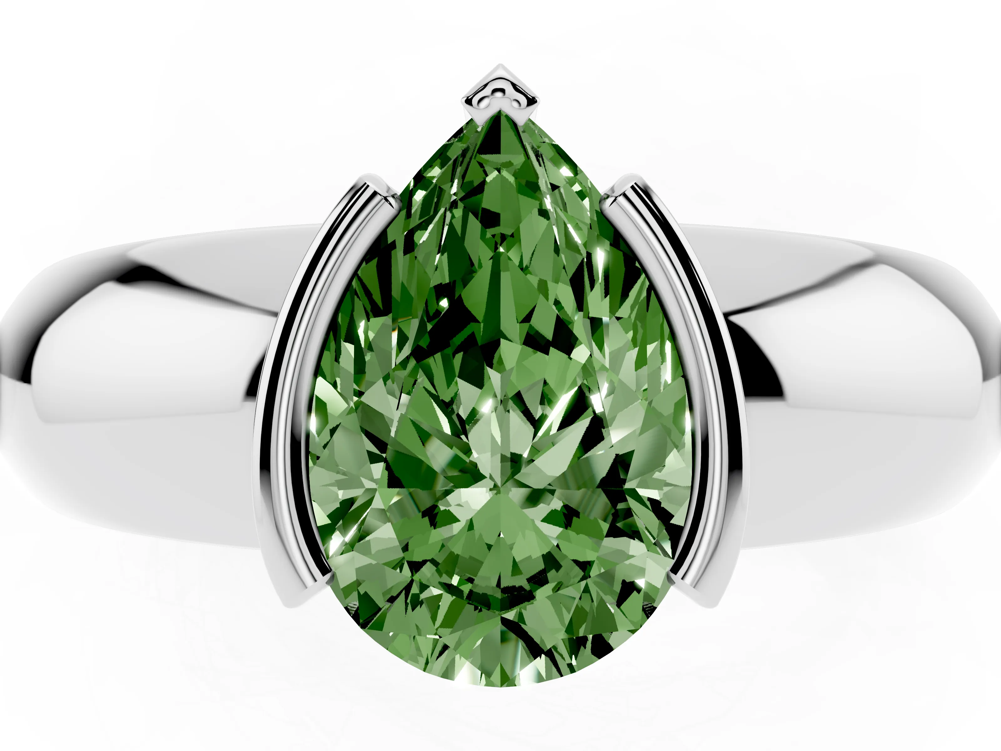 Fancy Green Pear Cut Diamond Solitaire Tension Set Ring Set in White gold with Wide Band