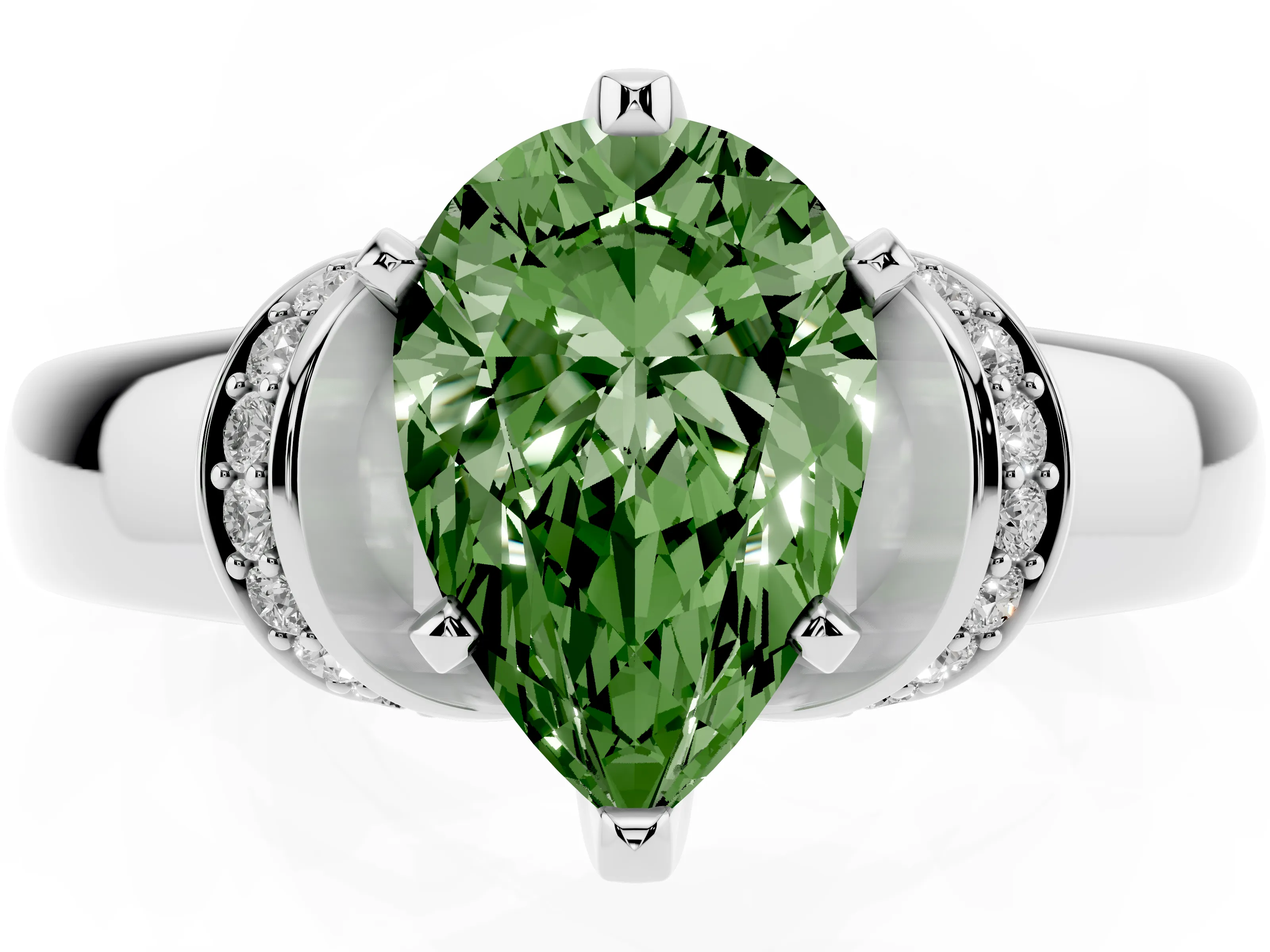 Fancy Green Pear Cut Diamond Pavé Band Solitaire Ring Set in Platinum with Prong Setting