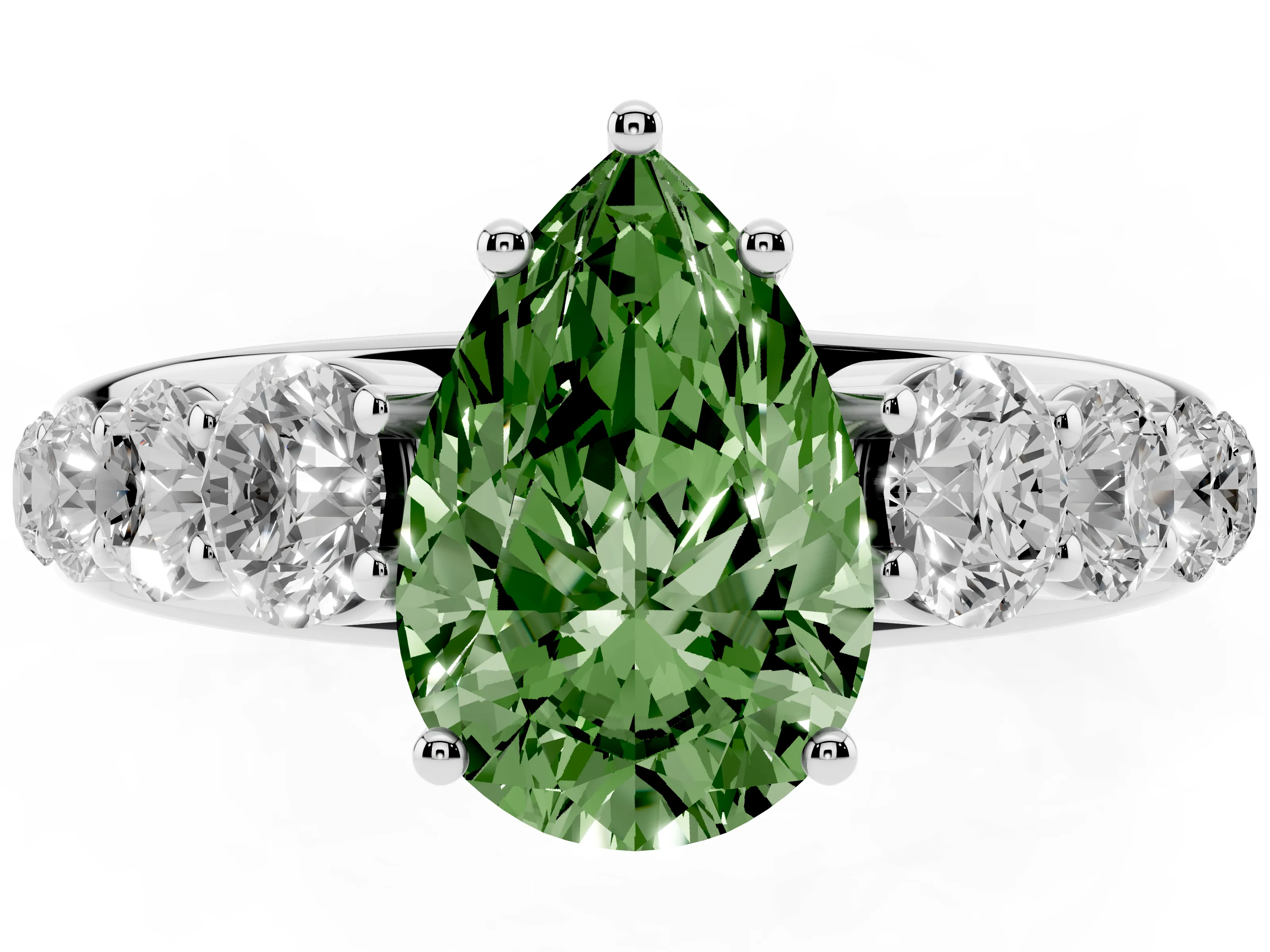 Fancy Green Pear Cut Diamond Solitaire Ring Set in Silver with Pavé-Set Band and Prong Setting