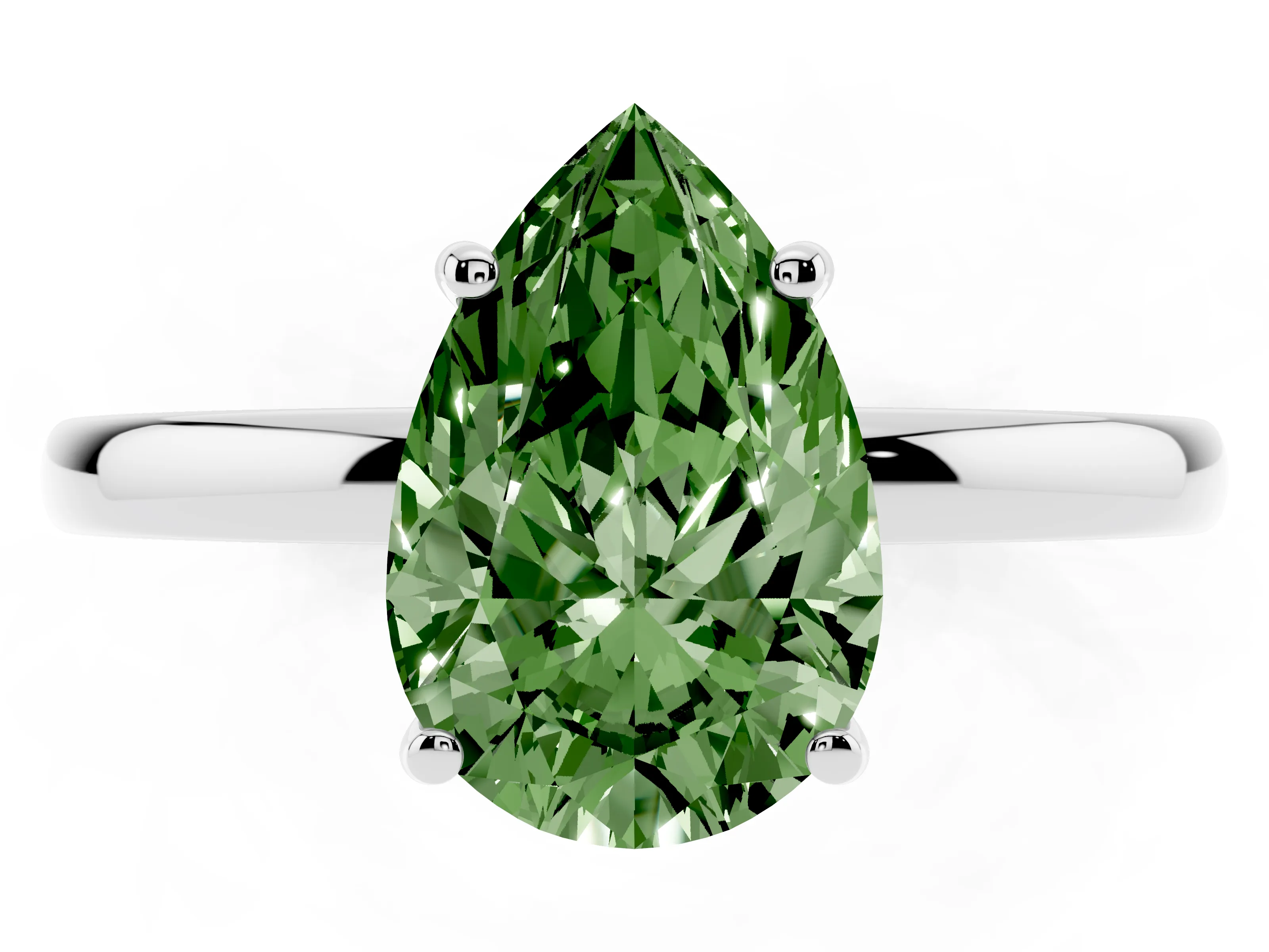Fancy Green Pear Cut Diamond Solitaire Ring Set in Silver with Plain Band and Prong Setting