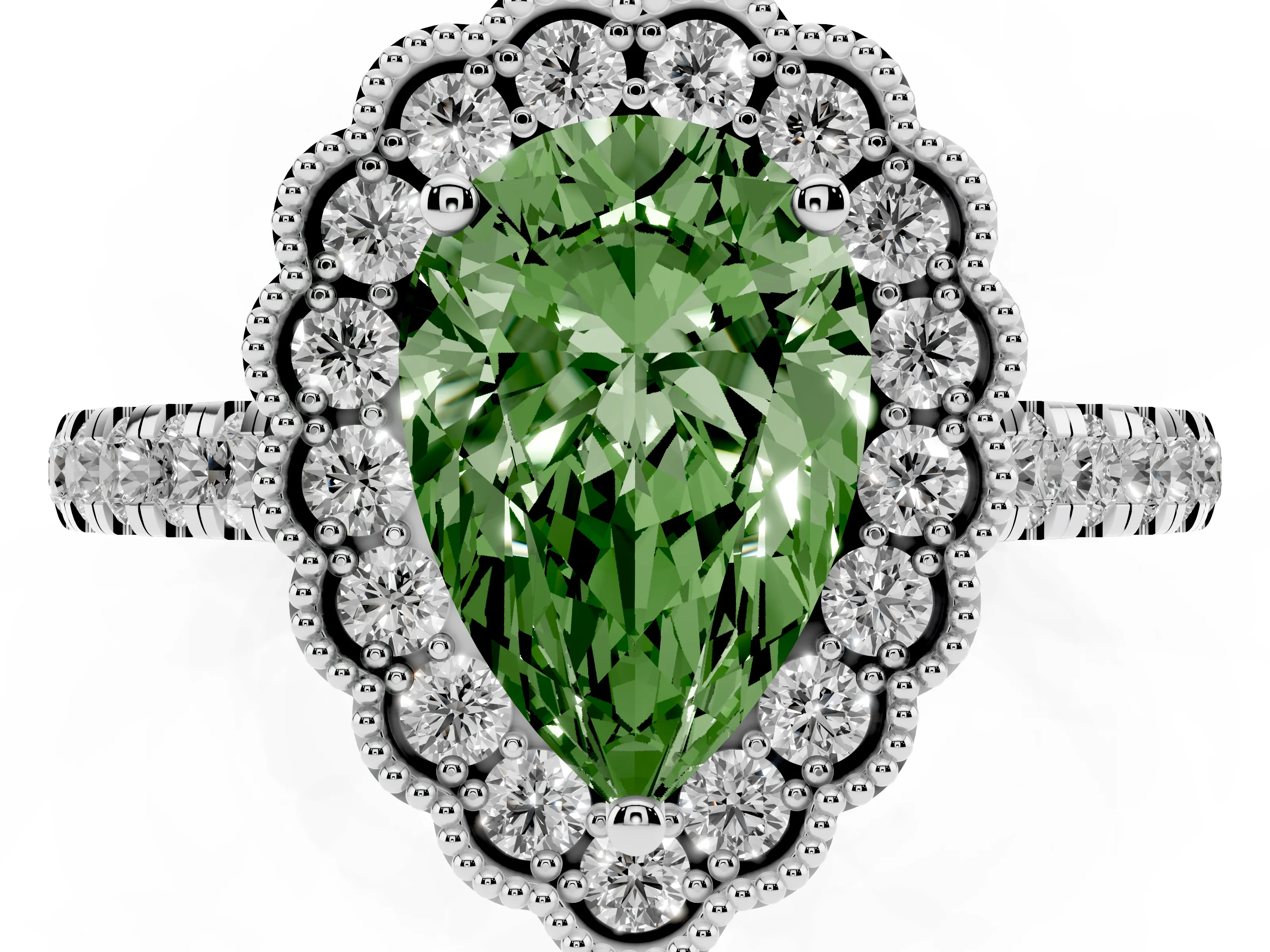 Fancy Green Pear Cut Diamond Milgrain Floral Halo Engagement Ring Set in Silver with Pavé Band