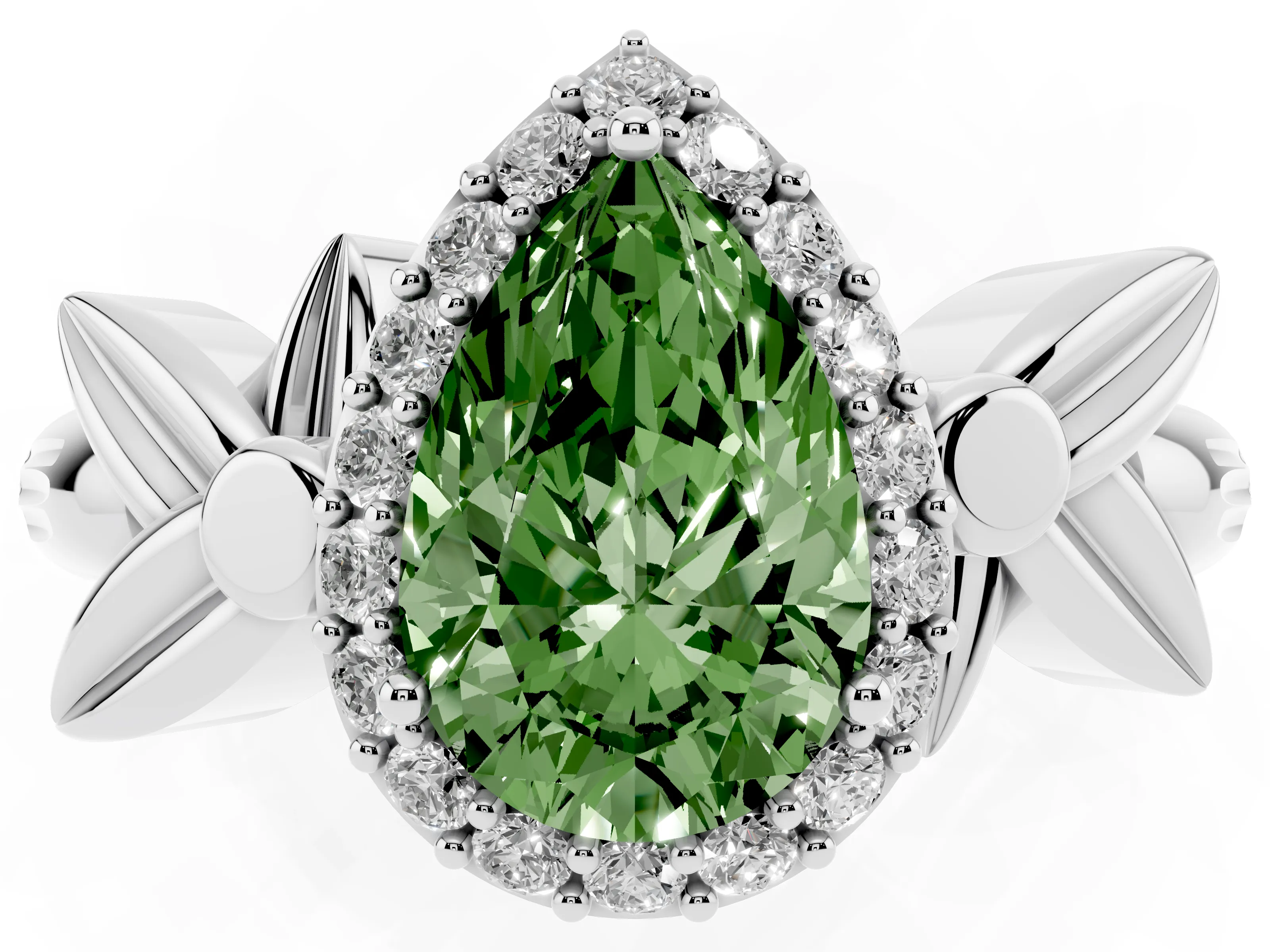 Fancy Green Pear Cut Diamond Halo Floral Band Ring Set in White gold with Prong Setting