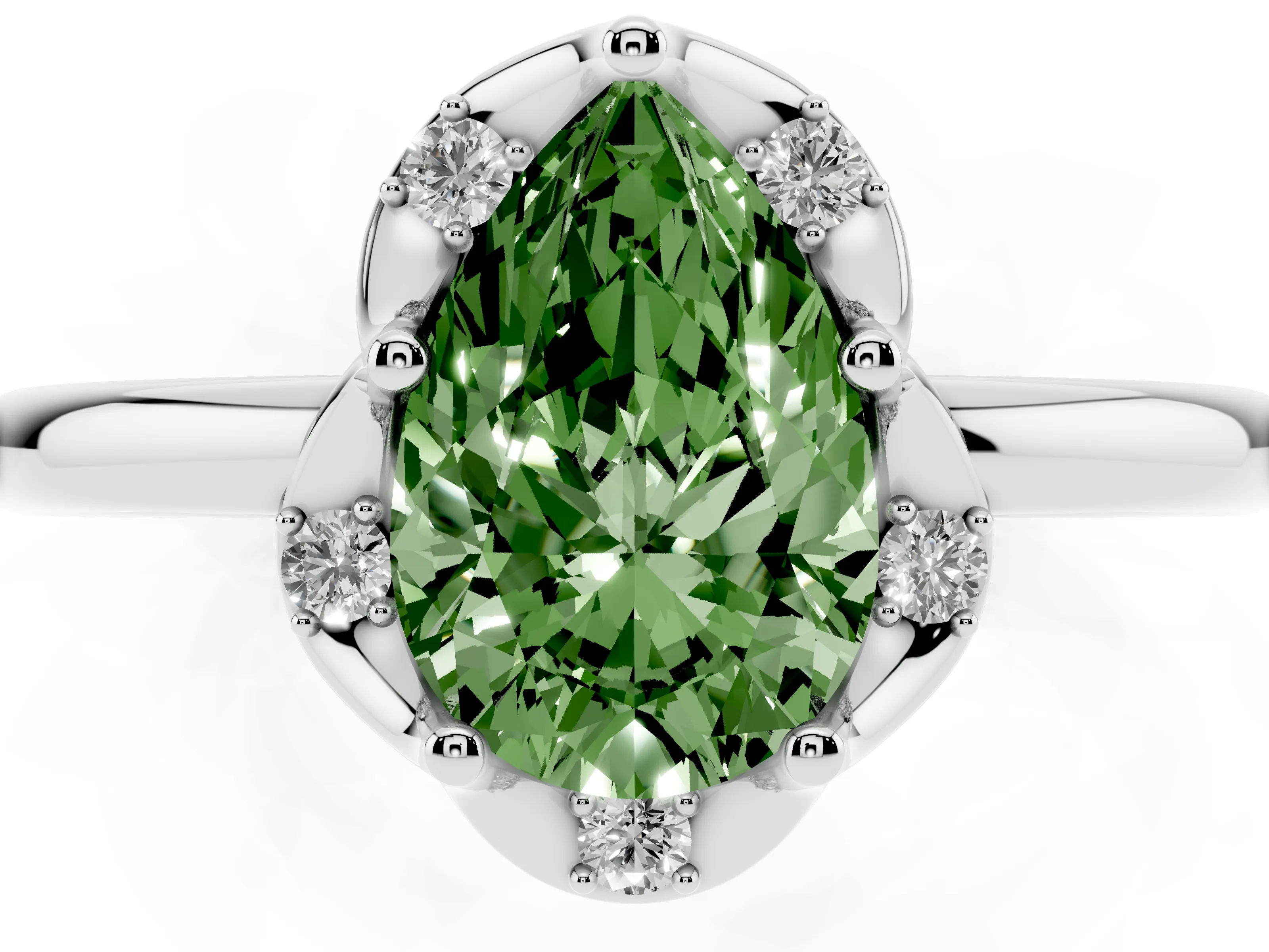 Fancy Green Pear Cut Diamond Round Cluster Halo Ring Set in Silver with Solitaire Band and Prong Setting