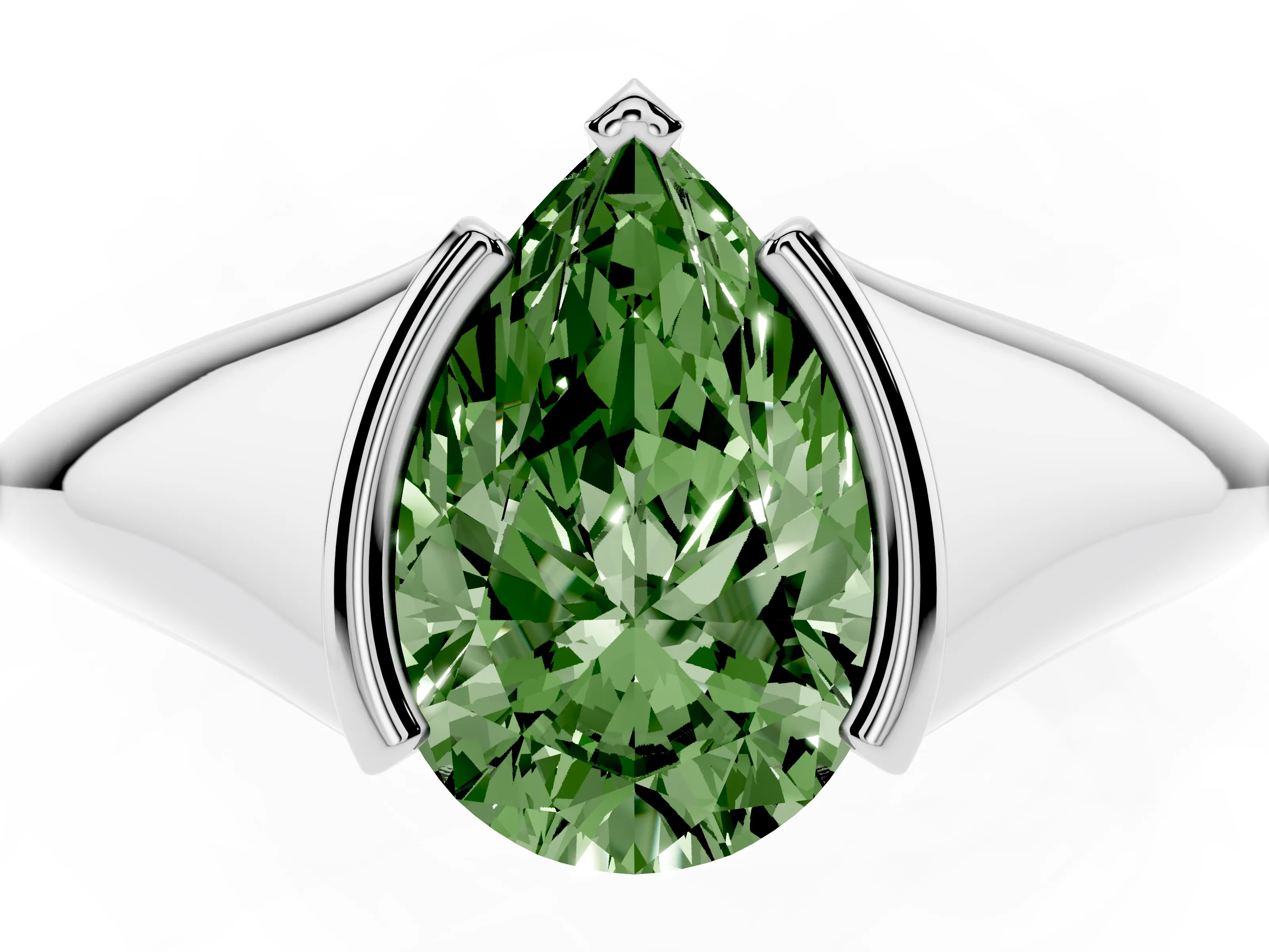 Fancy Green Pear Cut Diamond Solitaire Tension Set Ring Set in Silver