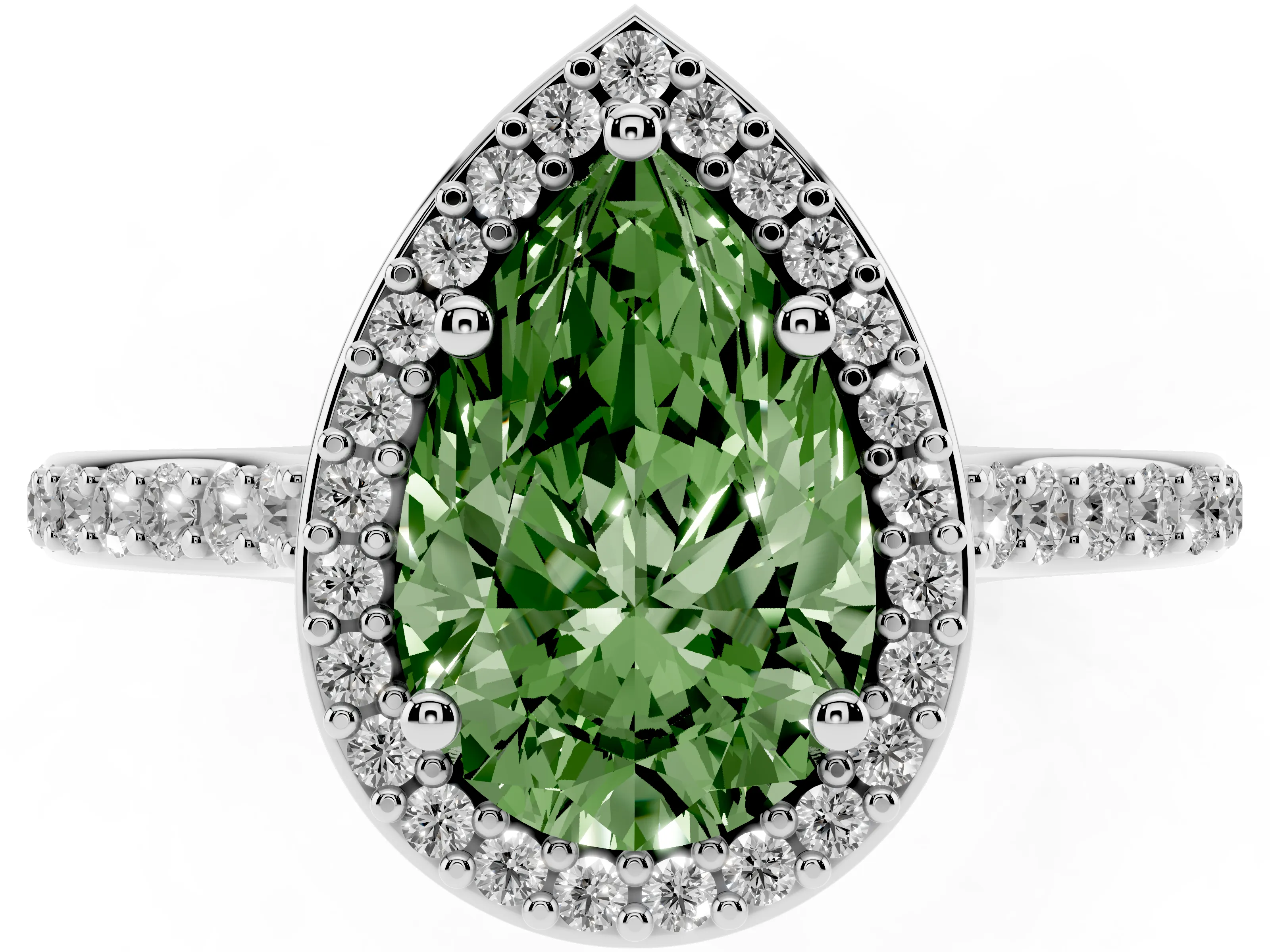 Fancy Green Pear Cut Diamond Halo Engagement Ring Set in Platinum with Round Pavé Shoulders and Heart Gallery