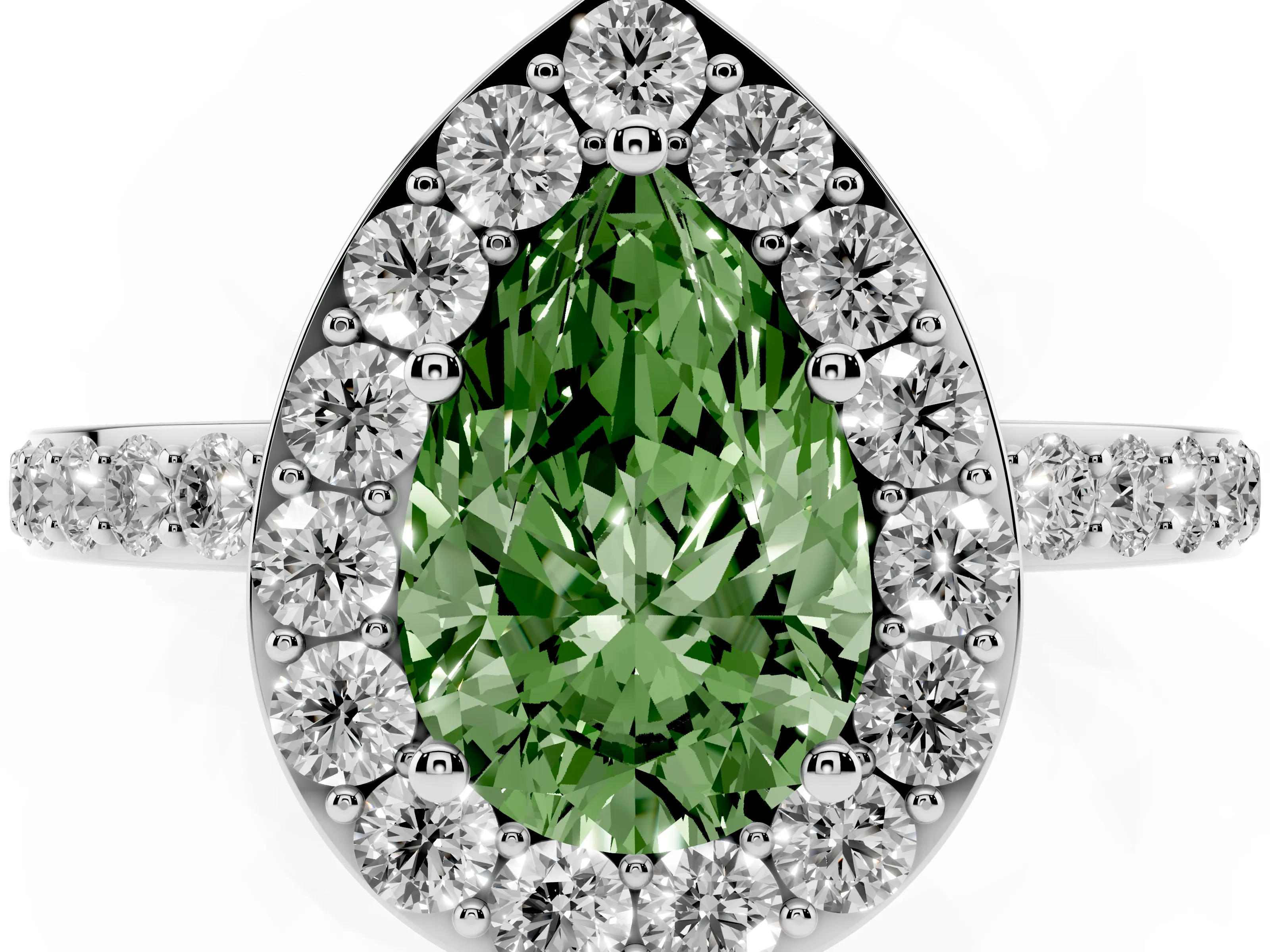 Fancy Green Pear Cut Diamond Halo Ring Set in Platinum with Pavé-Setting Band and Open Prong Center
