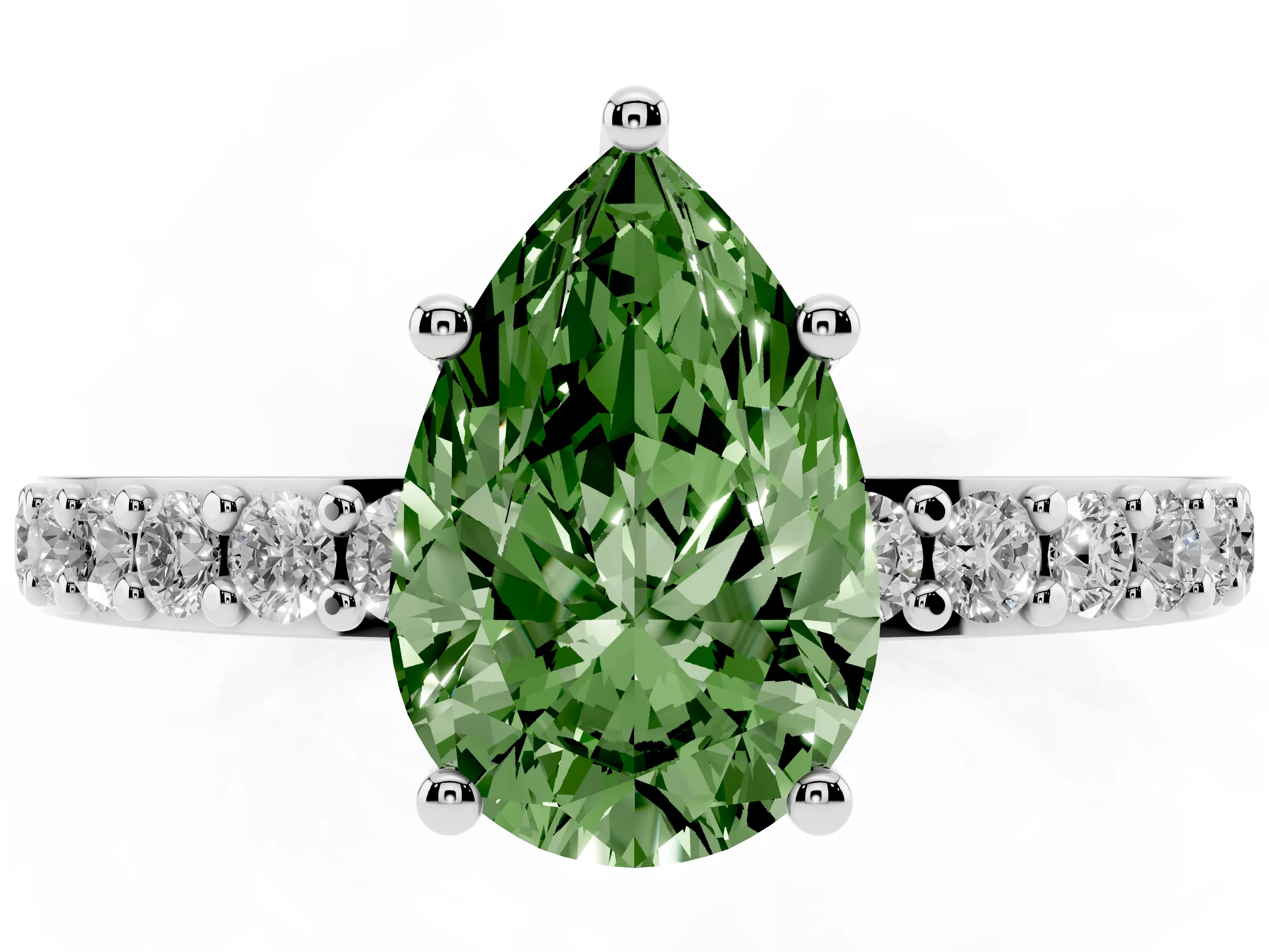 Fancy Green Pear Cut Diamond Solitaire Set in White gold with Round Pavé Band and Prong Setting