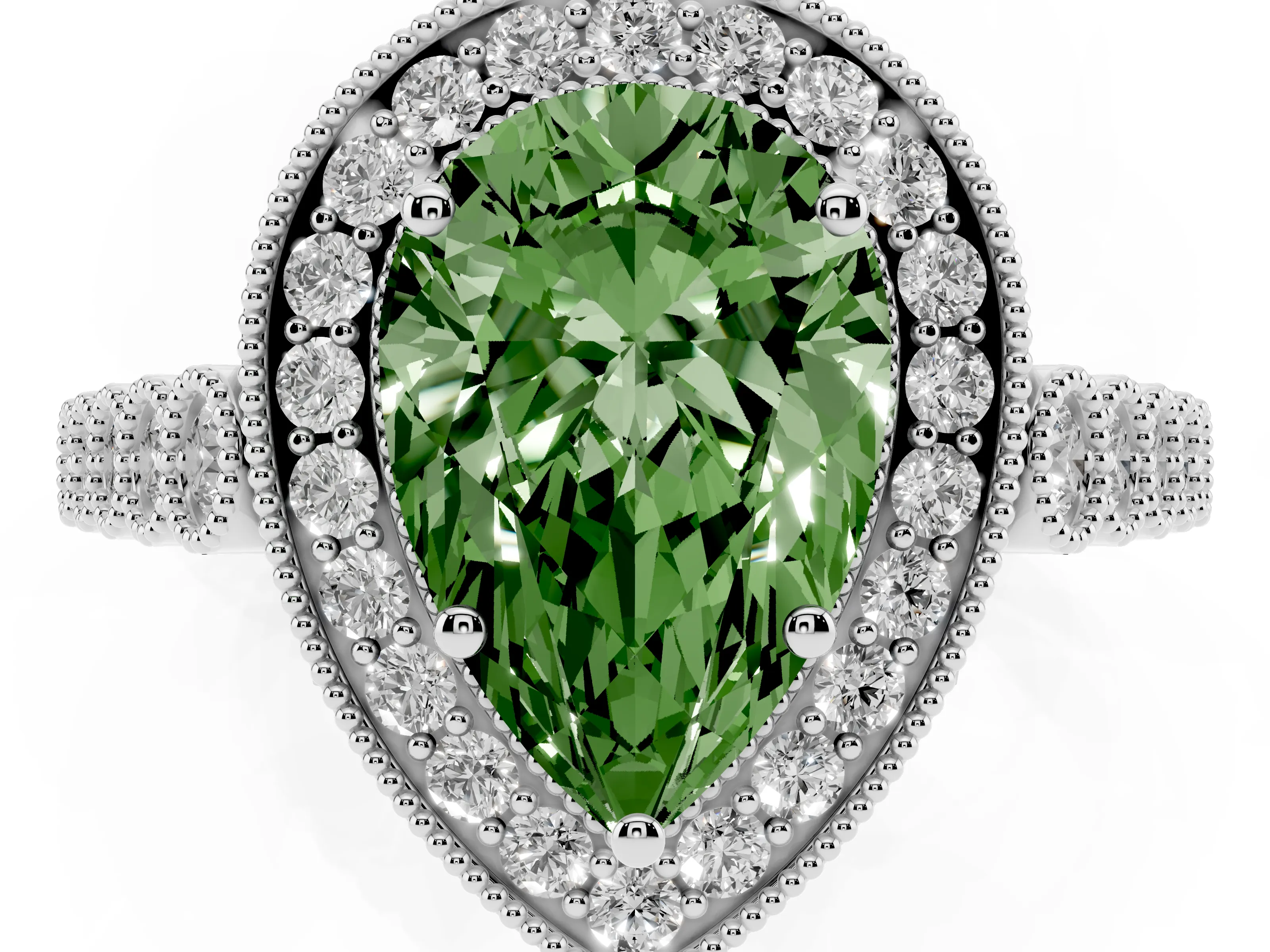 Fancy Green Pear Cut Diamond Milgrain Halo Solitaire Ring Set in Silver with Bezel Set Side Stones and Pavé Band