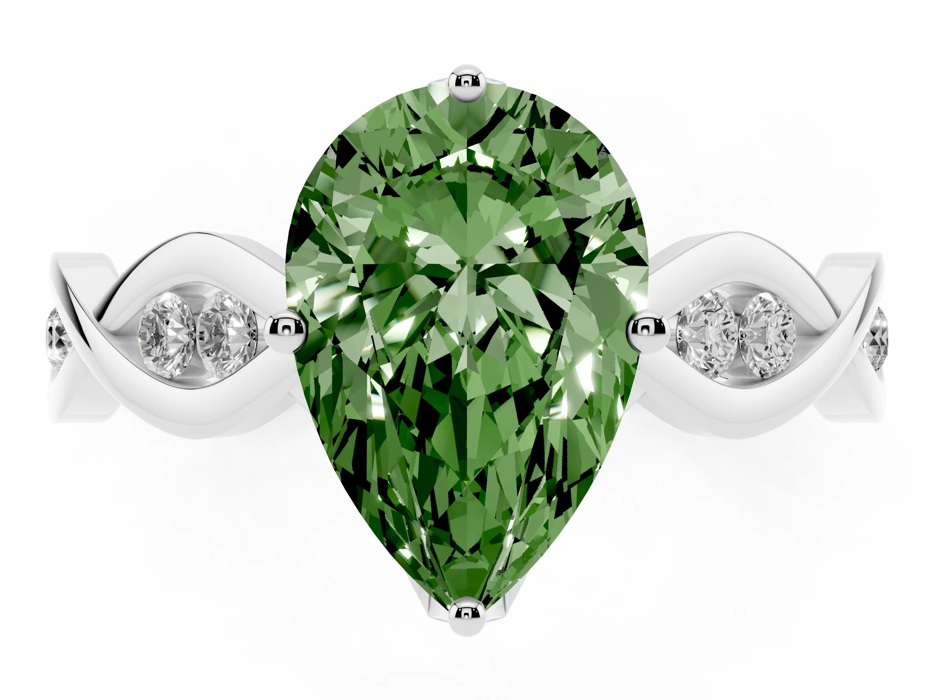 Fancy Green Pear Cut Diamond Twist Band Solitaire Ring Set in Platinum with Leaf Prong Setting and Accent Stones